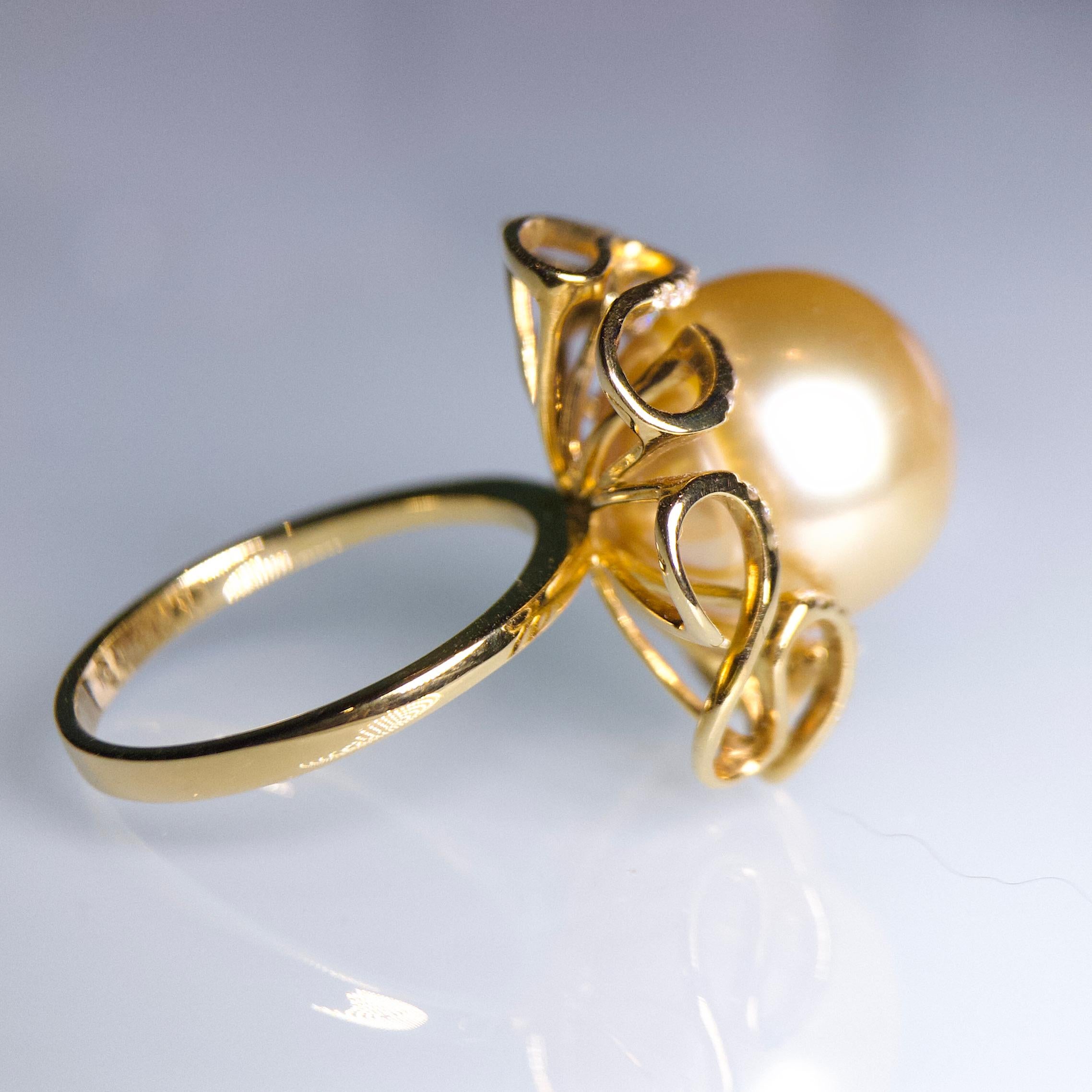Bead Golden Colour South Sea Pearl and Diamond Yellow Gold Ring For Sale