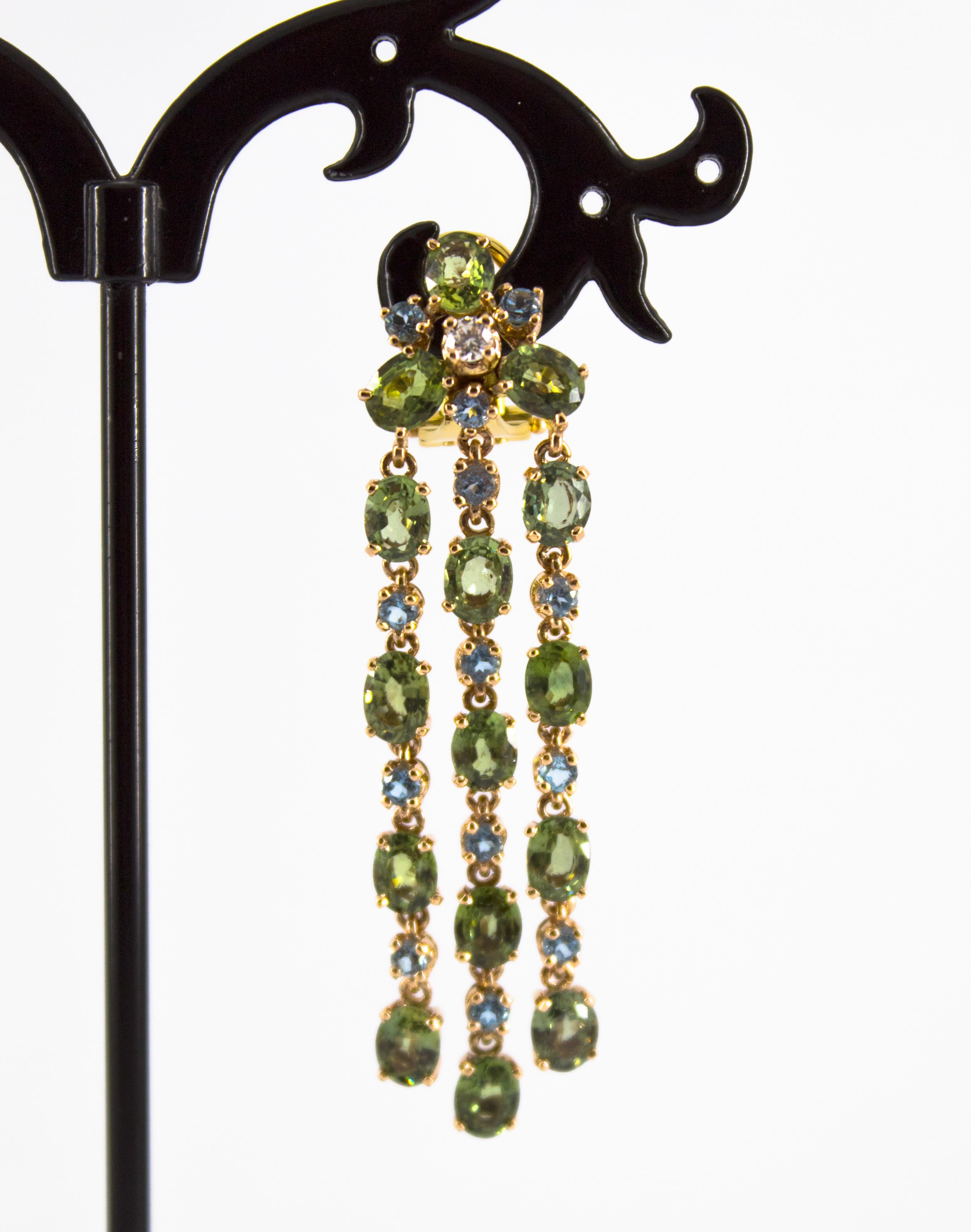 13.40 Carat Green Sapphire Blue Topaz White Diamond Yellow Gold Clip-On Earrings For Sale 2