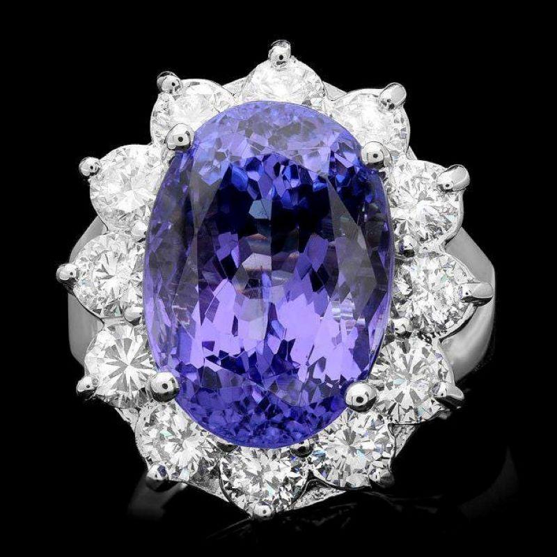 Mixed Cut 13.40 Carats Natural Tanzanite and Diamond 14K Solid White Gold Ring For Sale