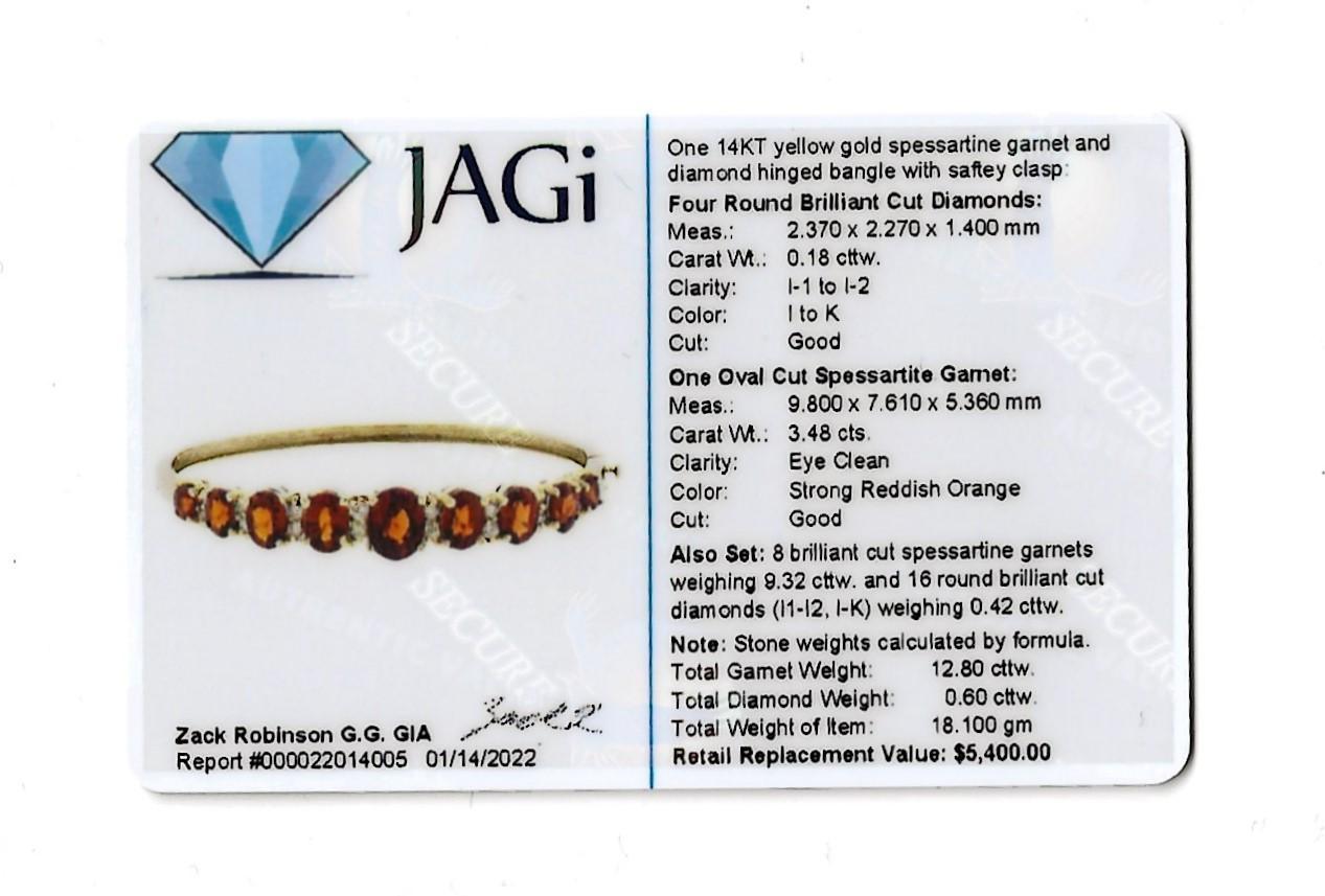 13.40 Carats Total Spessartine Garnet and Diamond Hinged Oval Bangle Bracelet For Sale 5