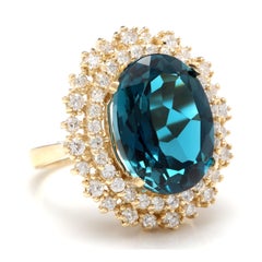 13.40 Ct Natural Impressive London Blue Topaz and Diamond 14K Yellow Gold Ring