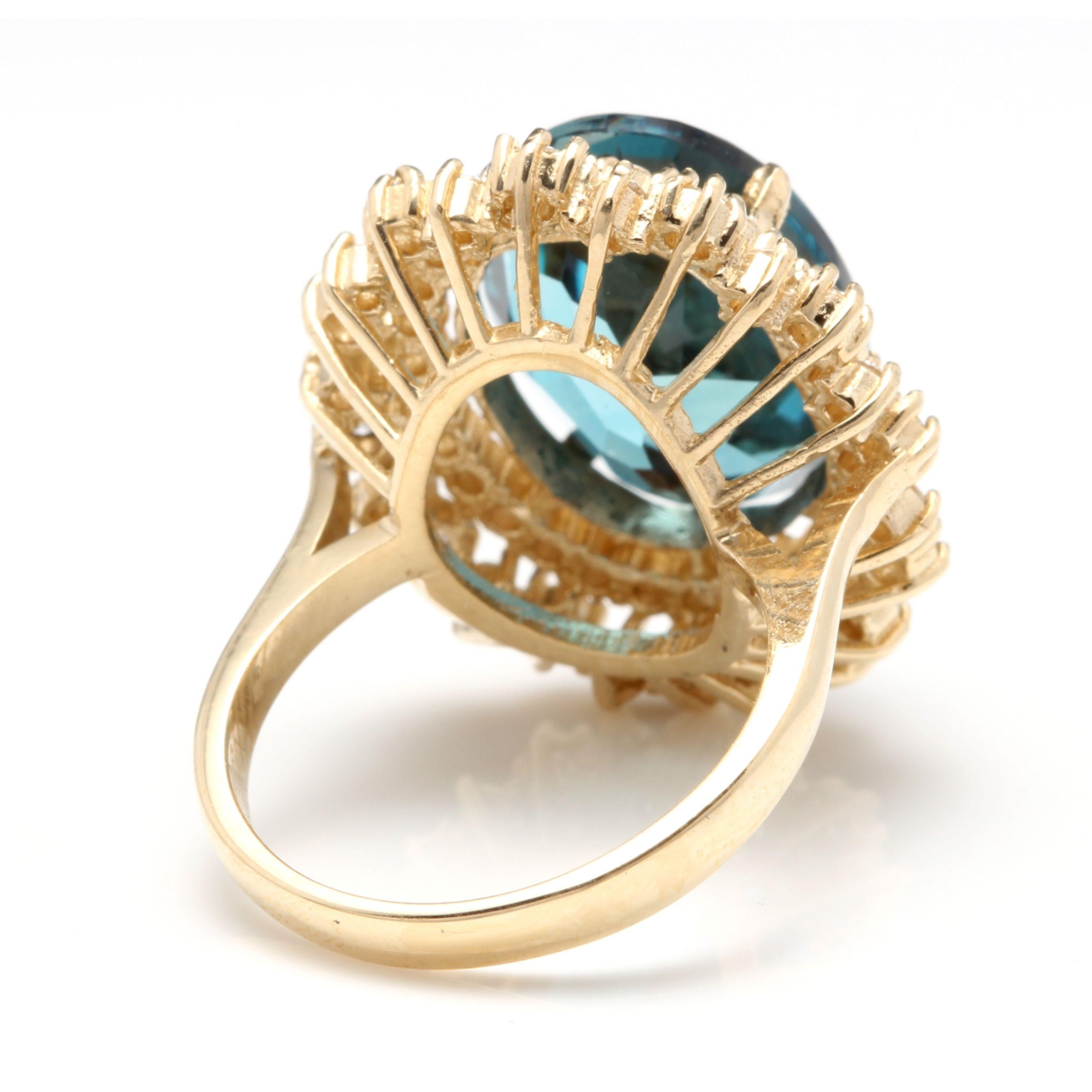 13,40 carati di topazio blu di Londra naturale e diamante Anello in oro giallo 14 carati In condizioni Nuovo in vendita a Los Angeles, CA