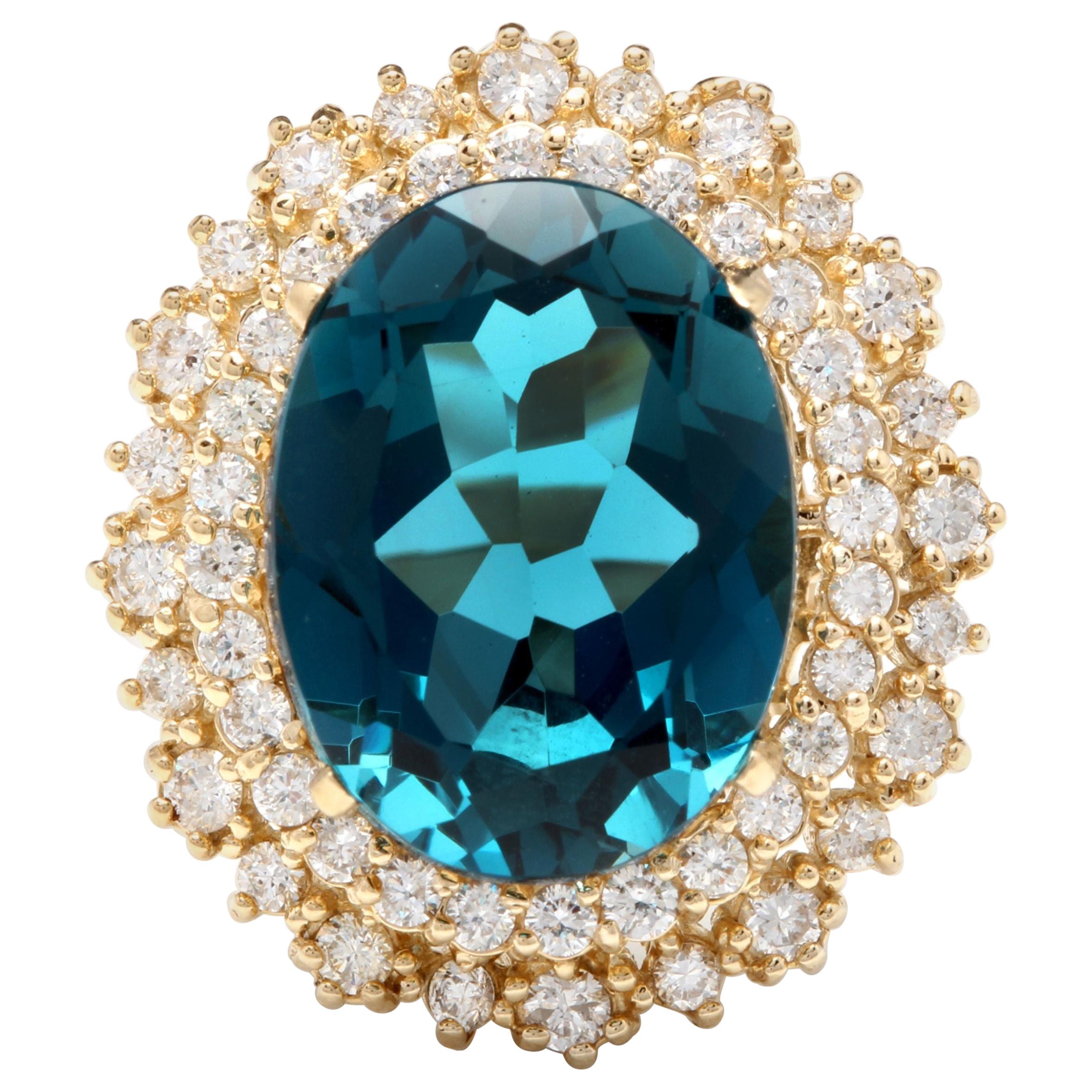 13.40 Ct Natural Impressive London Blue Topaz and Diamond 14K Yellow Gold Ring