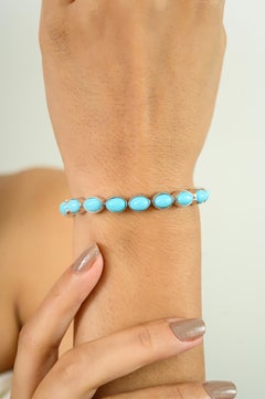 13.40 CT Oval Cabochon Turquoise Birthstone Unisex Tennis Bracelet in 925 Silver