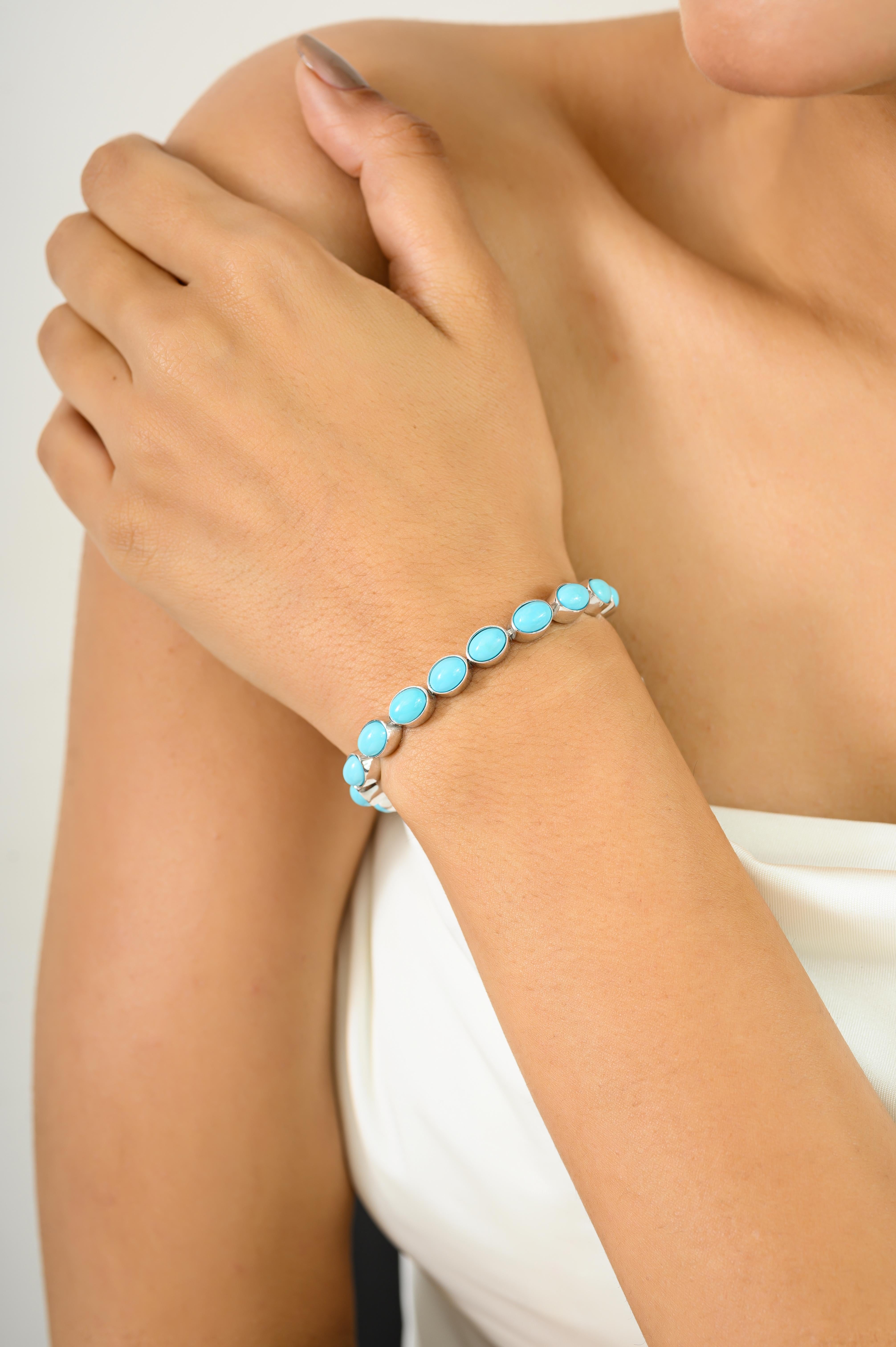 De las mujeres Pulsera de tenis unisex de plata 925 con cabujón ovalado de turquesa de 13,40 qt y piedra de nacimiento en venta