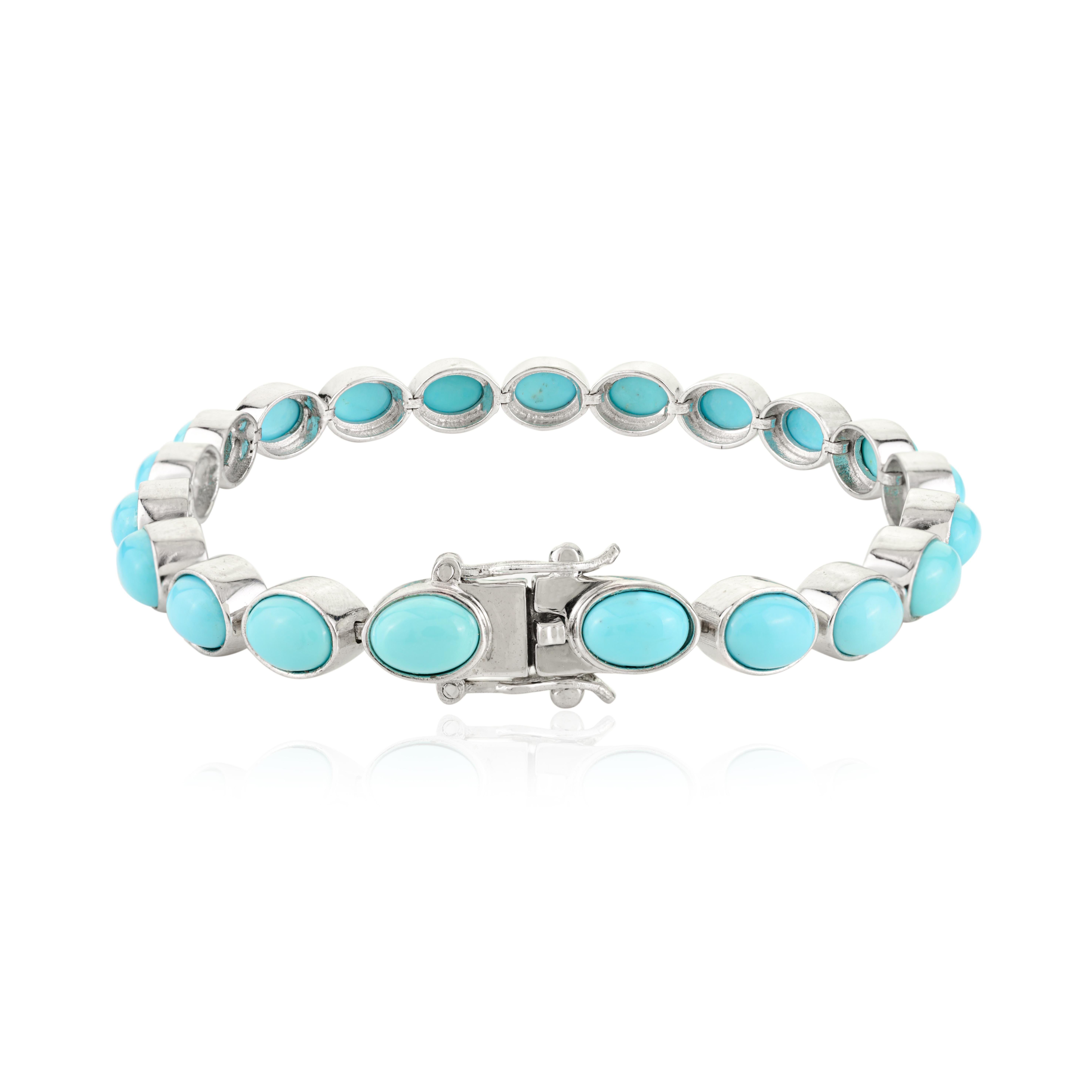 Pulsera de tenis unisex de plata 925 con cabujón ovalado de turquesa de 13,40 qt y piedra de nacimiento en venta 1