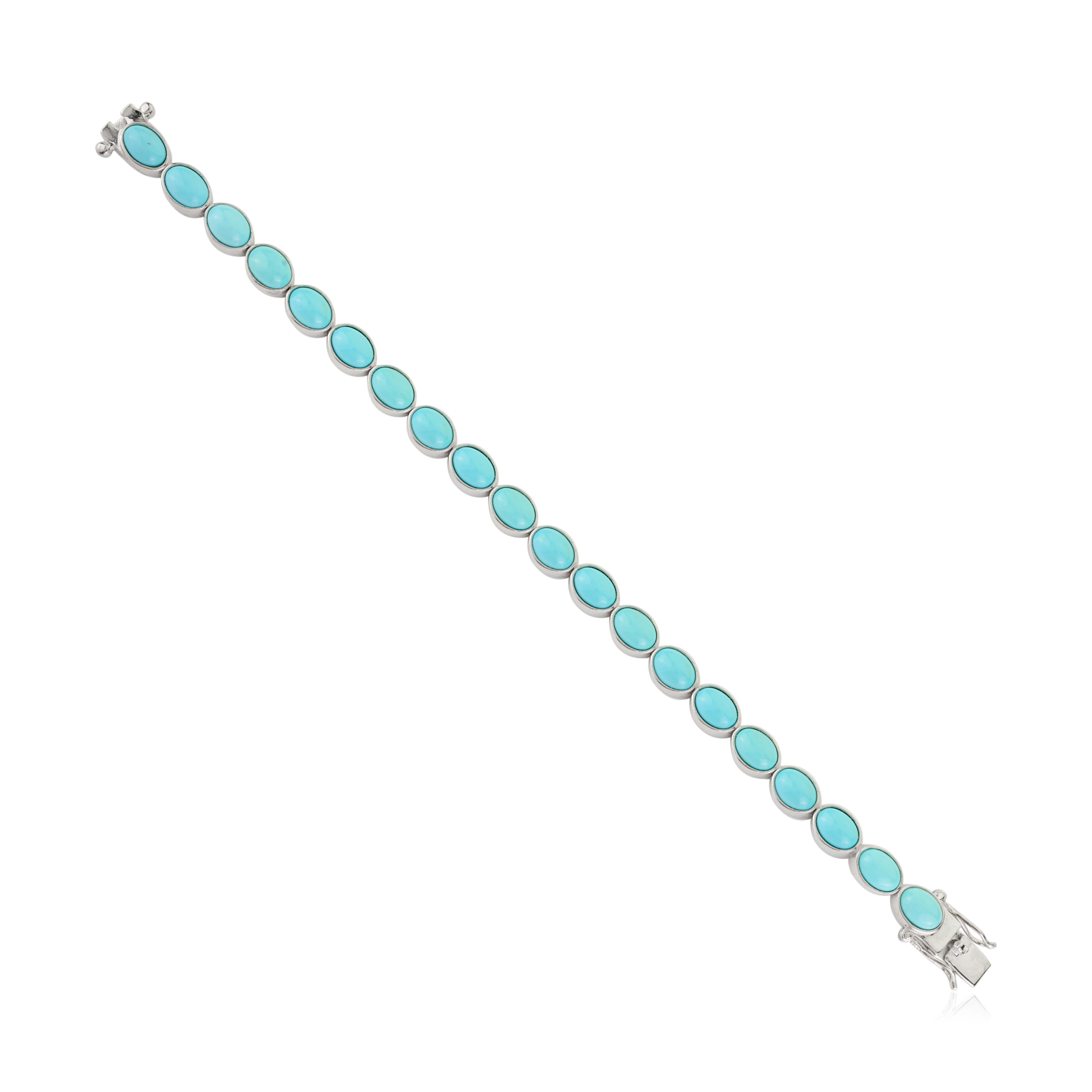 Pulsera de tenis unisex de plata 925 con cabujón ovalado de turquesa de 13,40 qt y piedra de nacimiento en venta 3