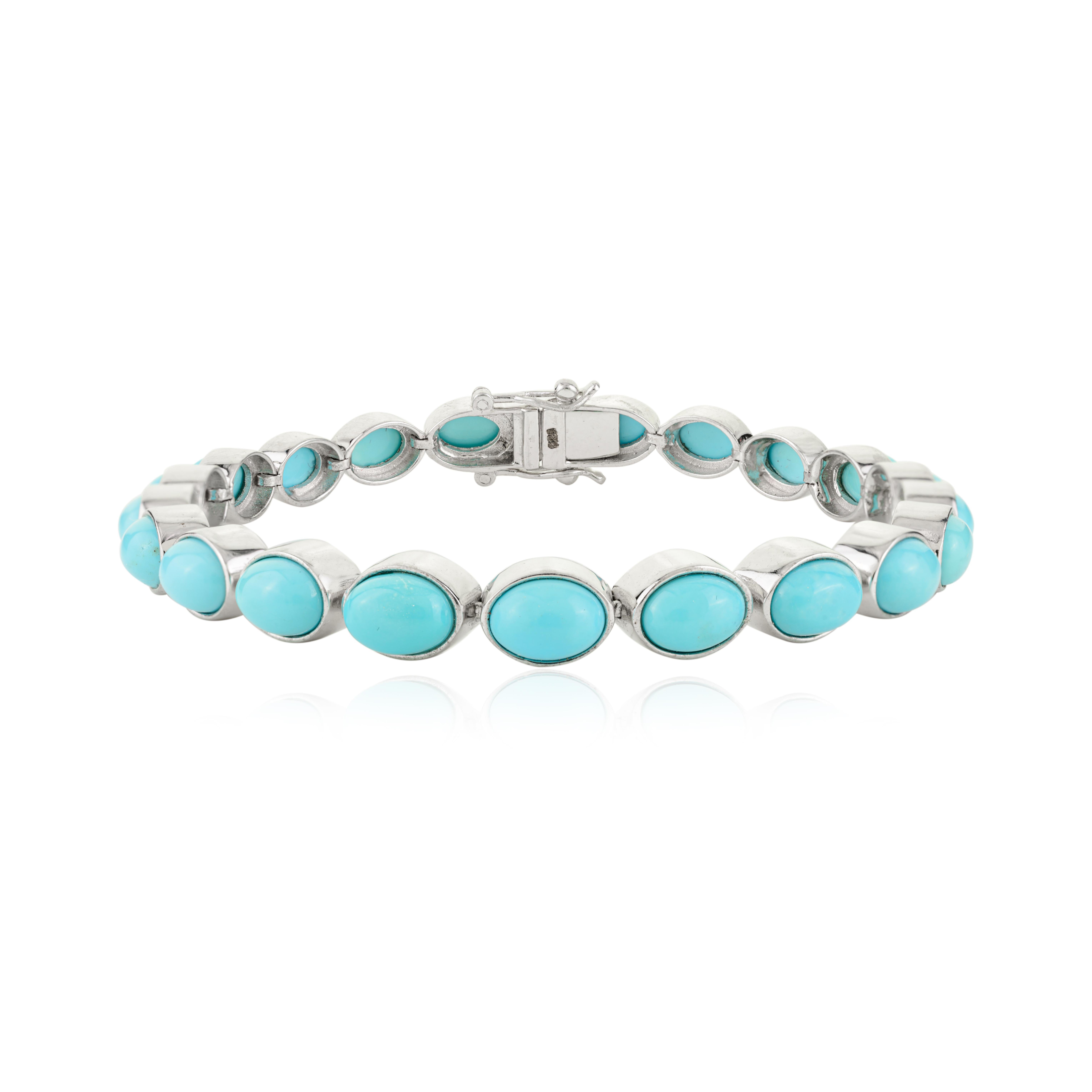 Pulsera de tenis unisex de plata 925 con cabujón ovalado de turquesa de 13,40 qt y piedra de nacimiento en venta 4