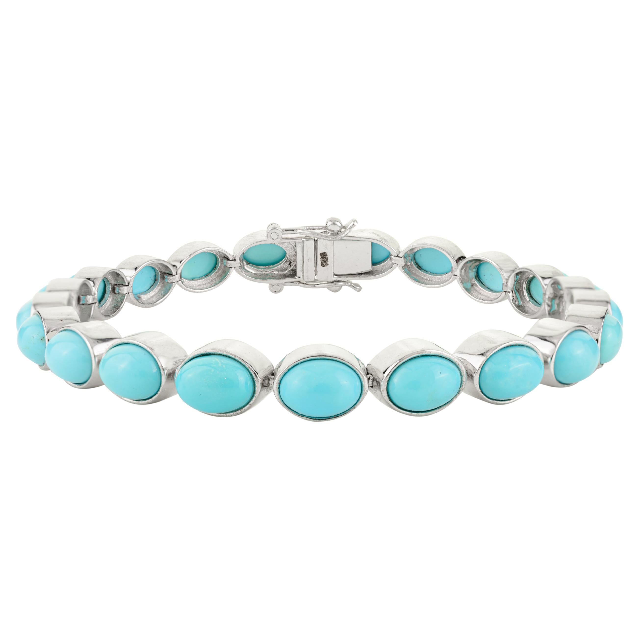 Unisex-Tennisarmband aus 925 Silber, 13,40 CT Oval Cabochon Türkis Geburtsstein Türkis Unisex