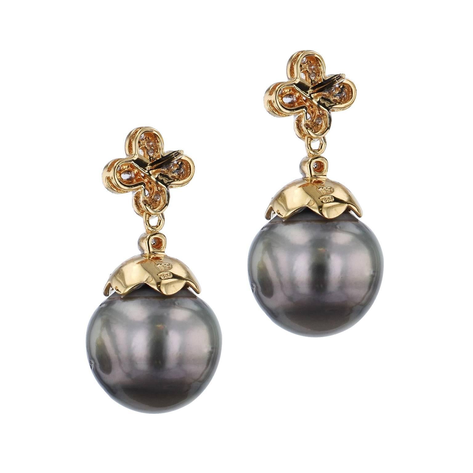 13.40 Millimeter Tahitian Pearl Drop Earrings In Excellent Condition In Miami, FL