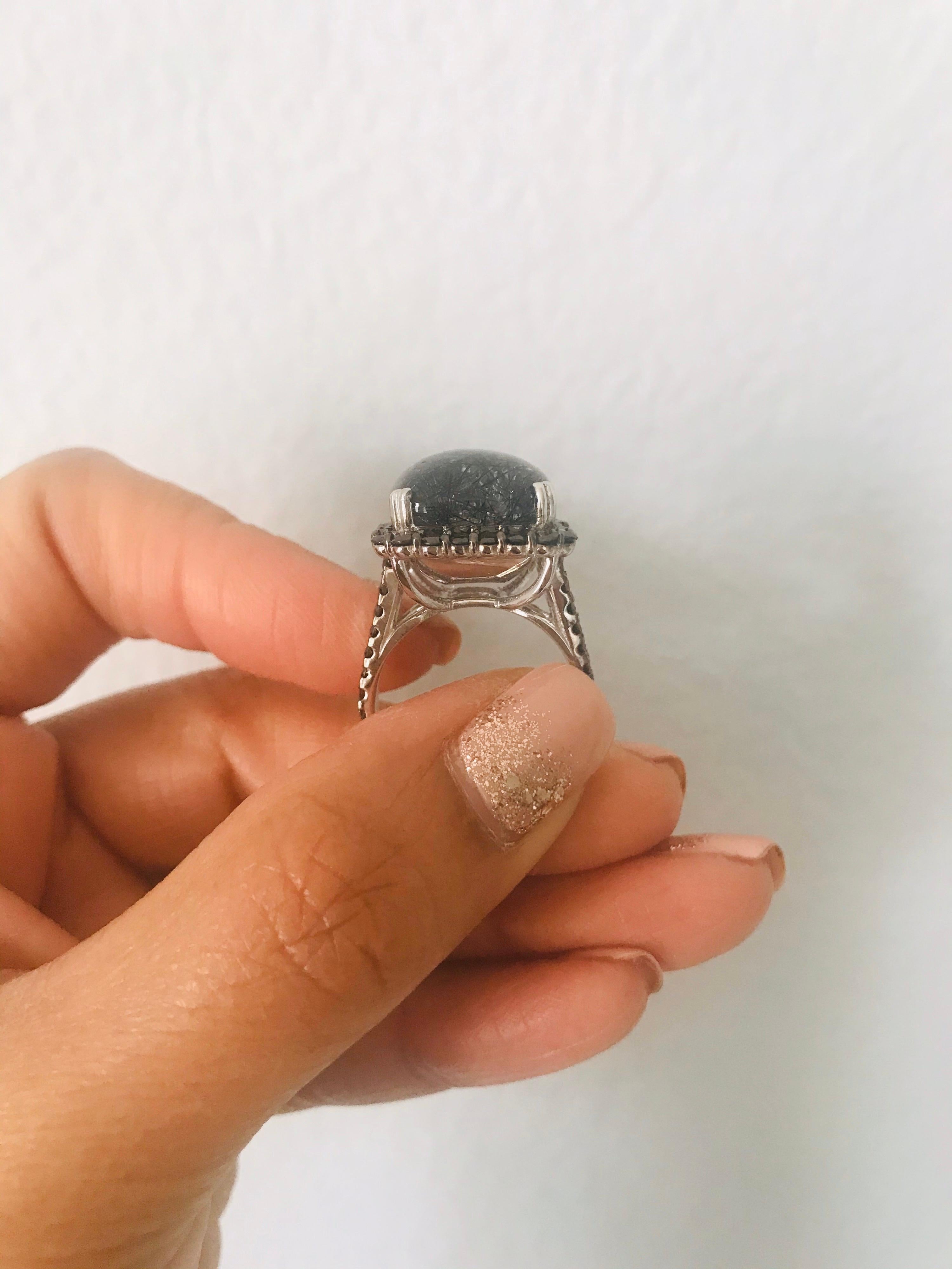 13.41 Carat Black Diamond Quartz 14 Karat White Gold Cocktail Ring 1