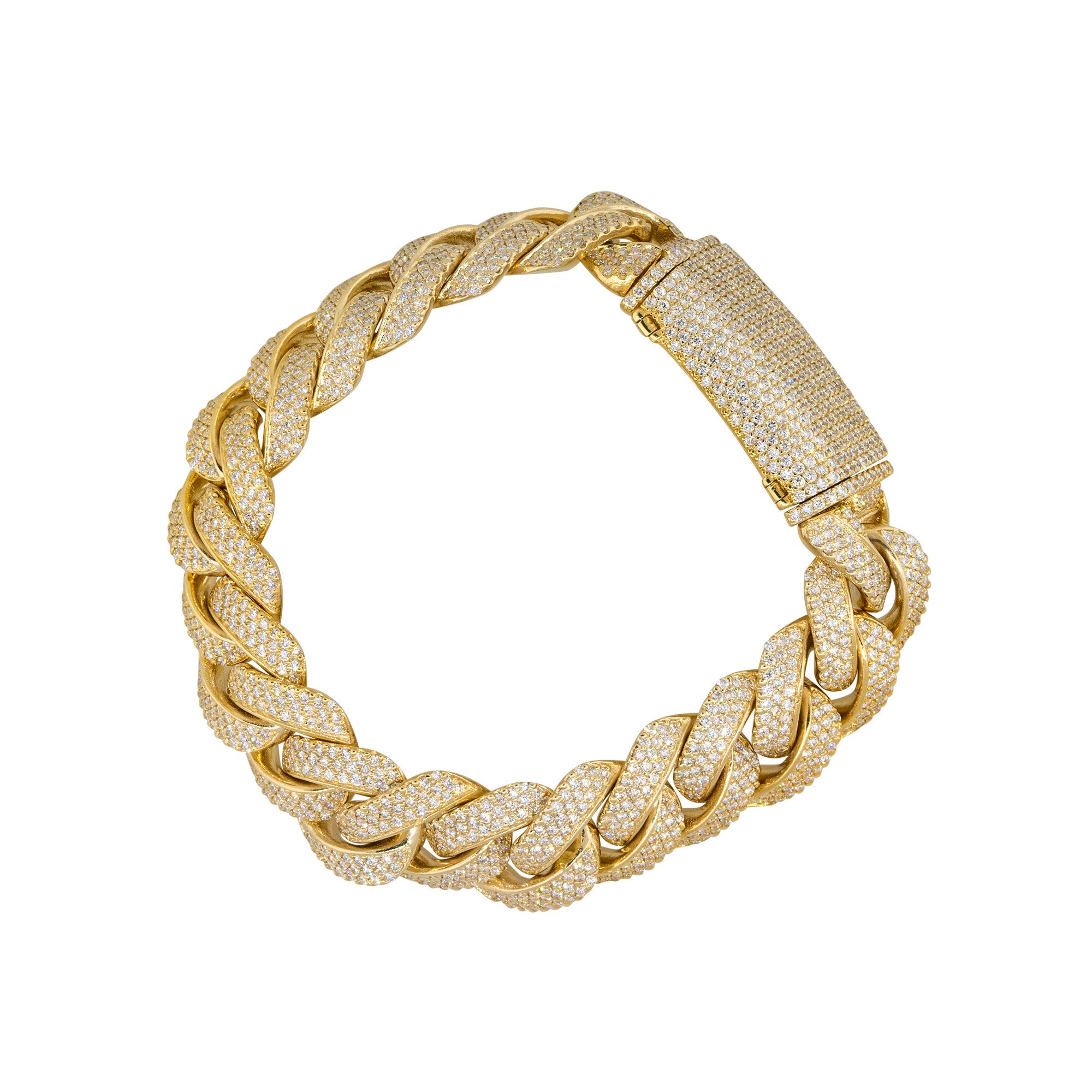 Bracciale A Link Cubano con pavé di diamanti da 13,42 carati 14 carati in stock in vendita 1