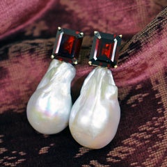 13.42 Carat Garnet and Freshwater Baroque Pearl 14 Karat Gold Drop Stud Earrings
