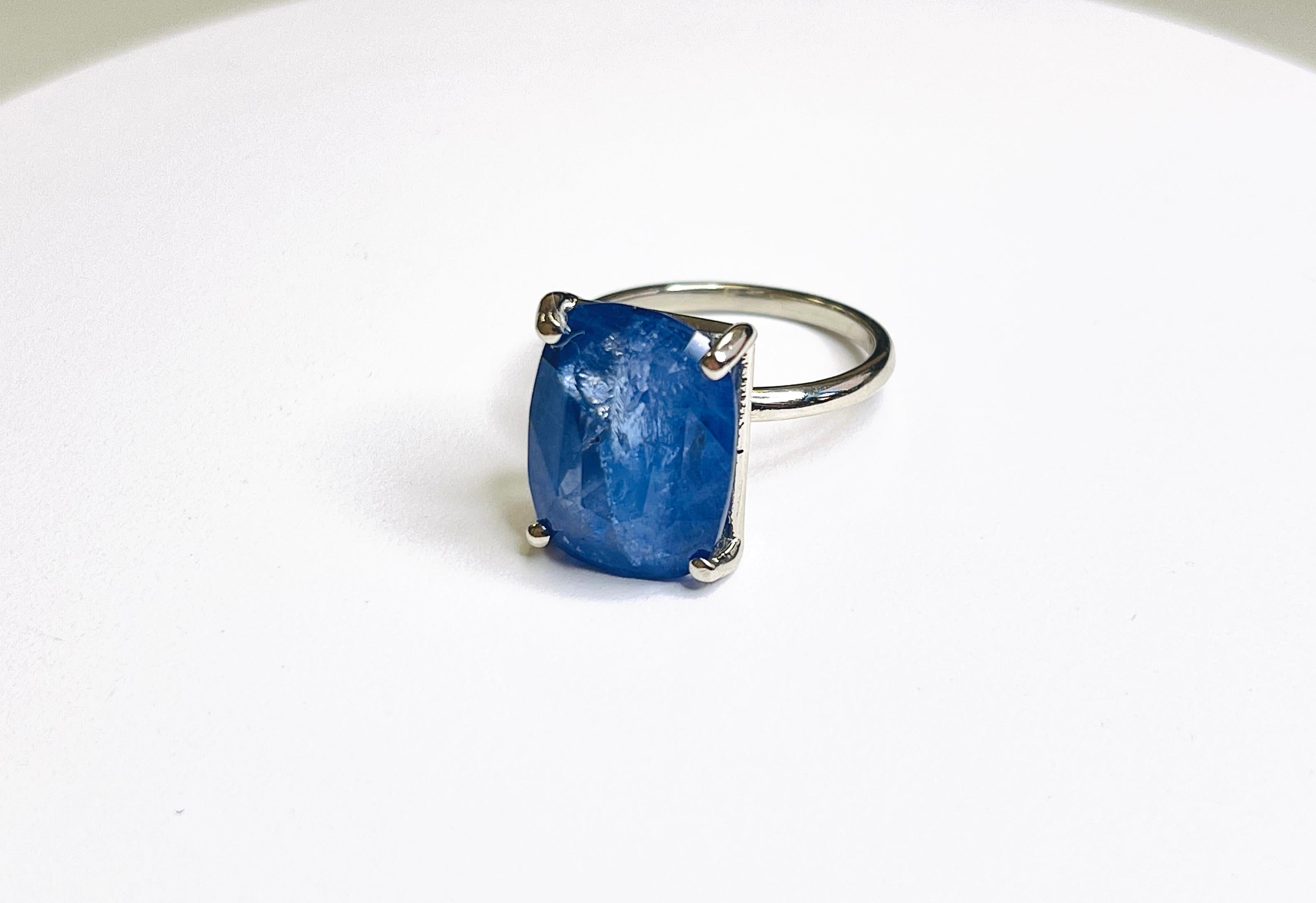 13.42 Carat Intense Blue Cushion Cut Natural Sapphire 14K White Gold Ring For Sale 1