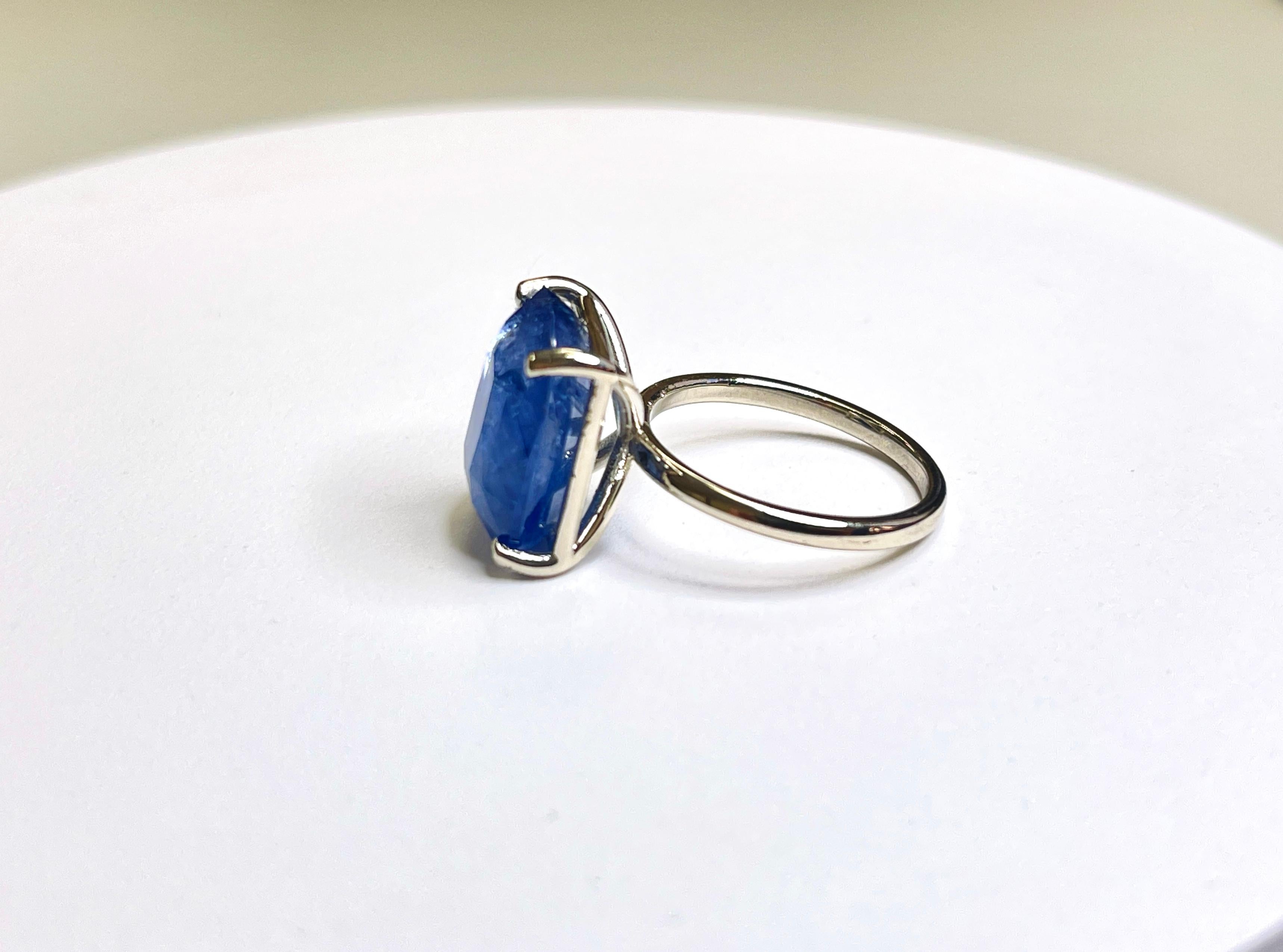 13.42 Carat Intense Blue Cushion Cut Natural Sapphire 14K White Gold Ring For Sale 2