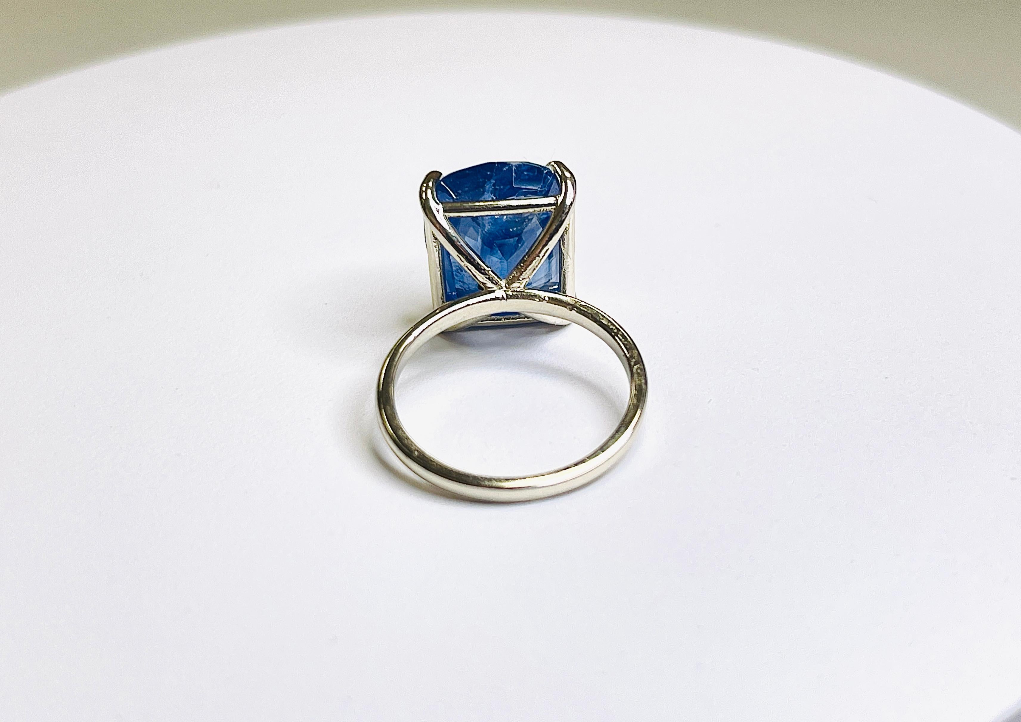 13.42 Carat Intense Blue Cushion Cut Natural Sapphire 14K White Gold Ring For Sale 3