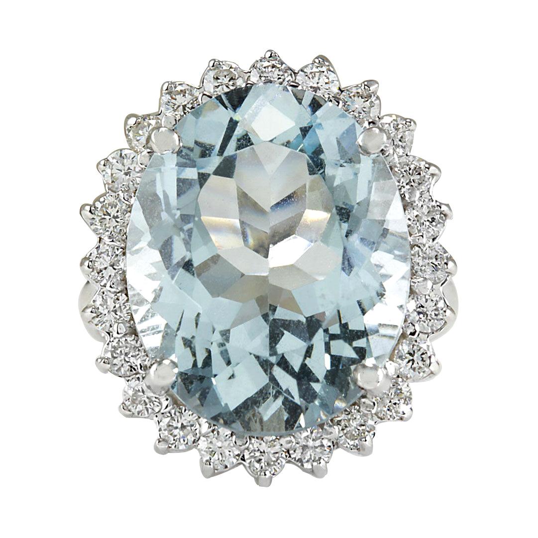 13.42 Carat Natural Aquamarine 14 Karat White Gold Diamond Ring For Sale