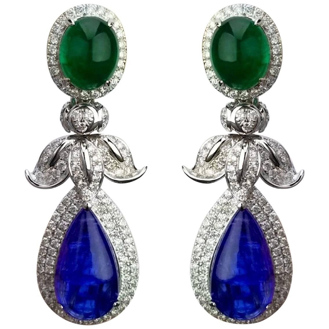 13.44 Carat Emerald and 28.76 Carat Tanzanite Cabochon Dangling Earrings