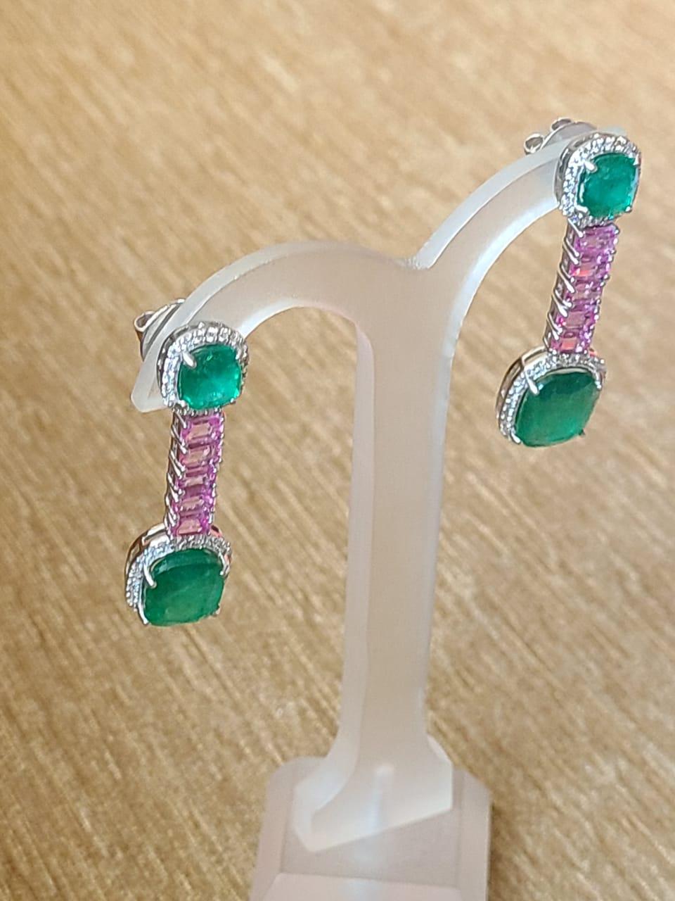 Modern 13.44 Carats, Zambian Emerald, Pink Sapphire & Diamonds Dangle/Drop Earrings For Sale