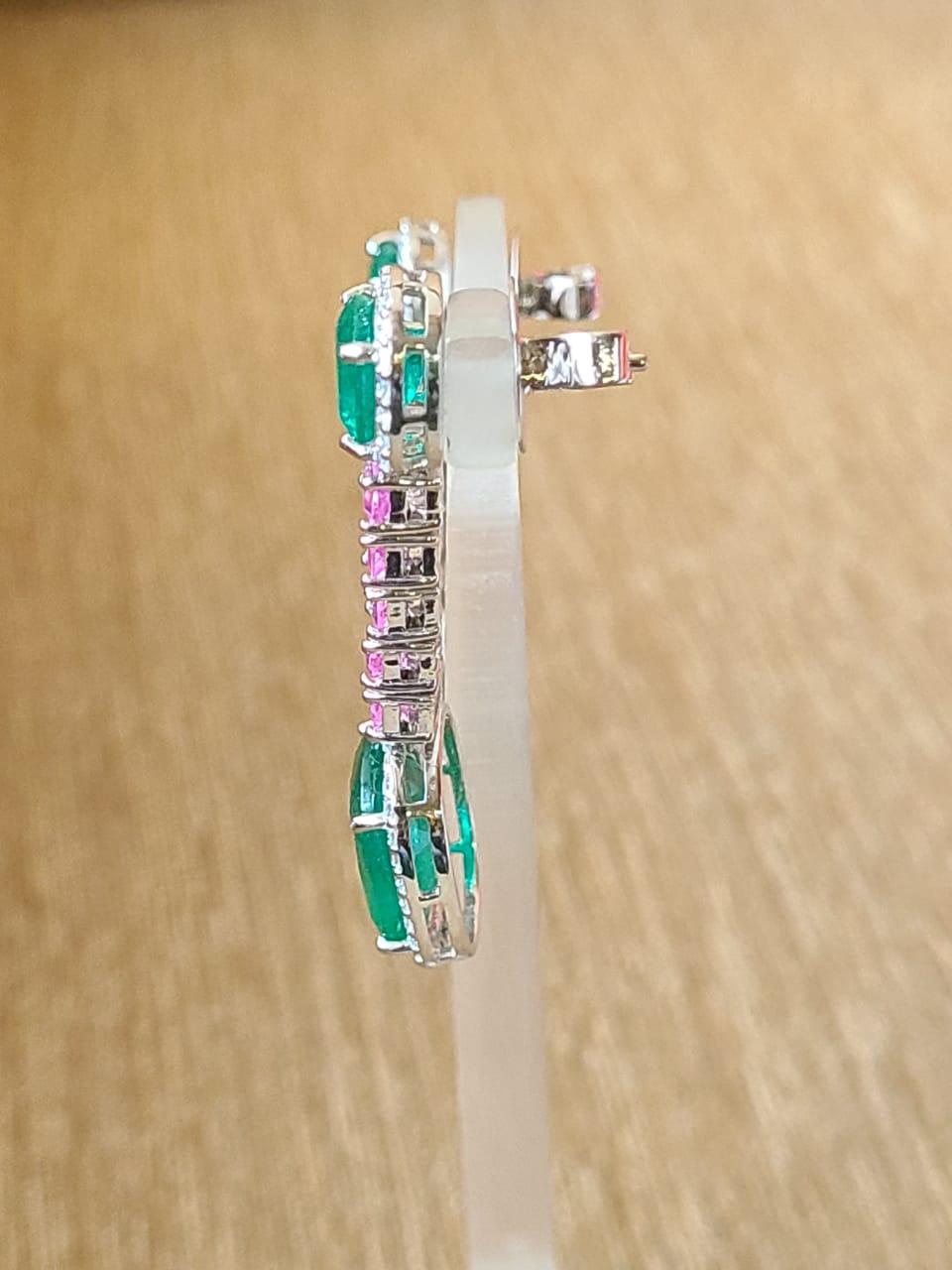Emerald Cut 13.44 Carats, Zambian Emerald, Pink Sapphire & Diamonds Dangle/Drop Earrings For Sale