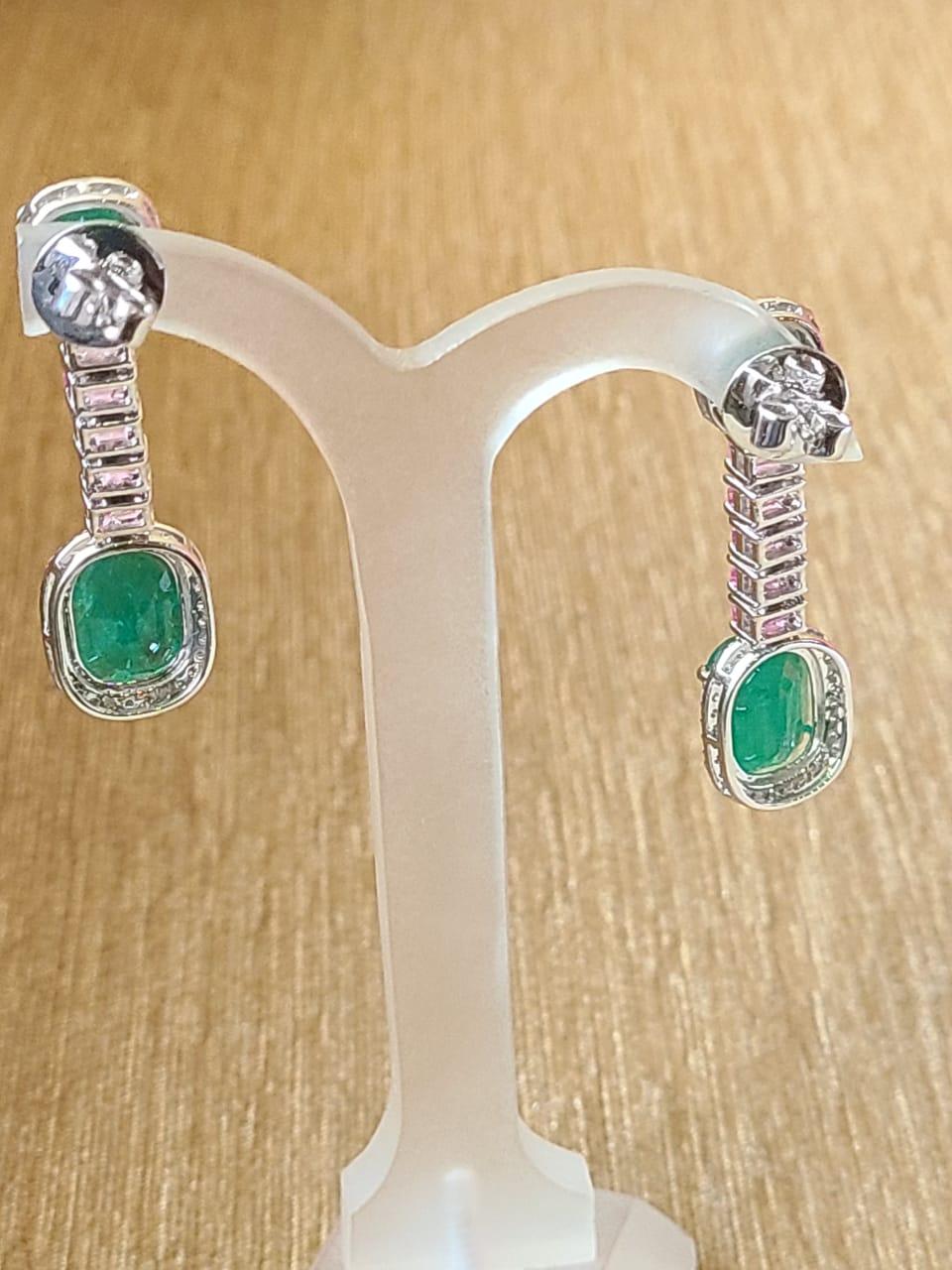 Women's or Men's 13.44 Carats, Zambian Emerald, Pink Sapphire & Diamonds Dangle/Drop Earrings For Sale