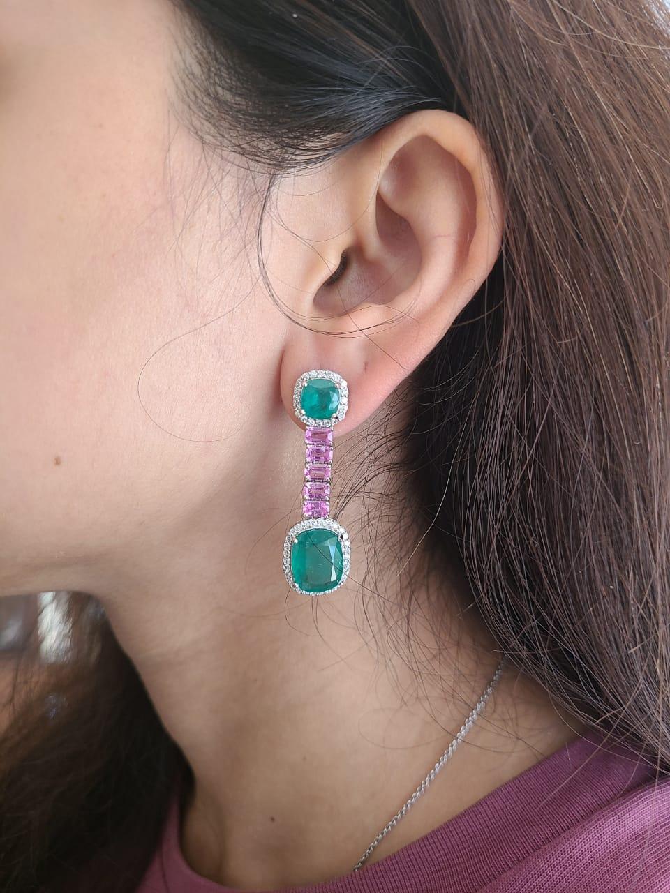 13.44 Carats, Zambian Emerald, Pink Sapphire & Diamonds Dangle/Drop Earrings For Sale 1