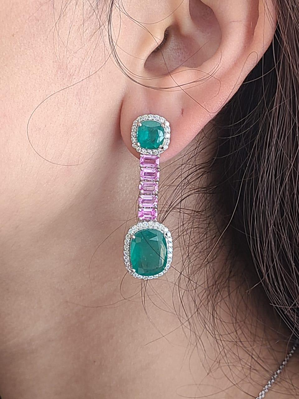 13.44 Carats, Zambian Emerald, Pink Sapphire & Diamonds Dangle/Drop Earrings For Sale 2