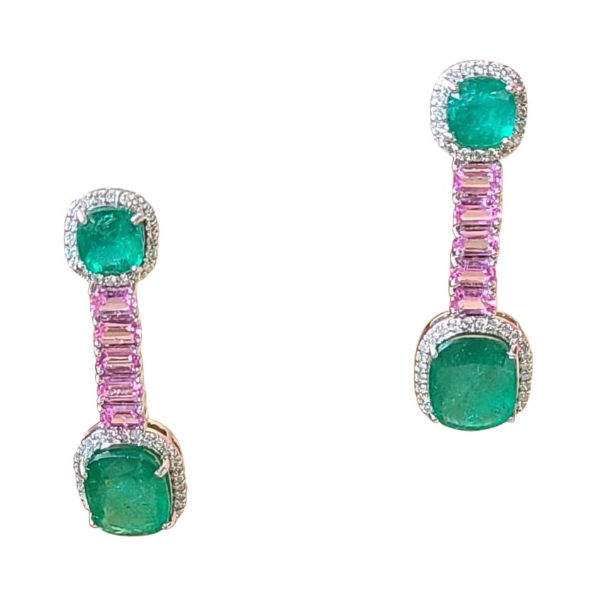 Pendants d'oreilles de 13,44 carats, émeraude de Zambie, saphir rose et diamants