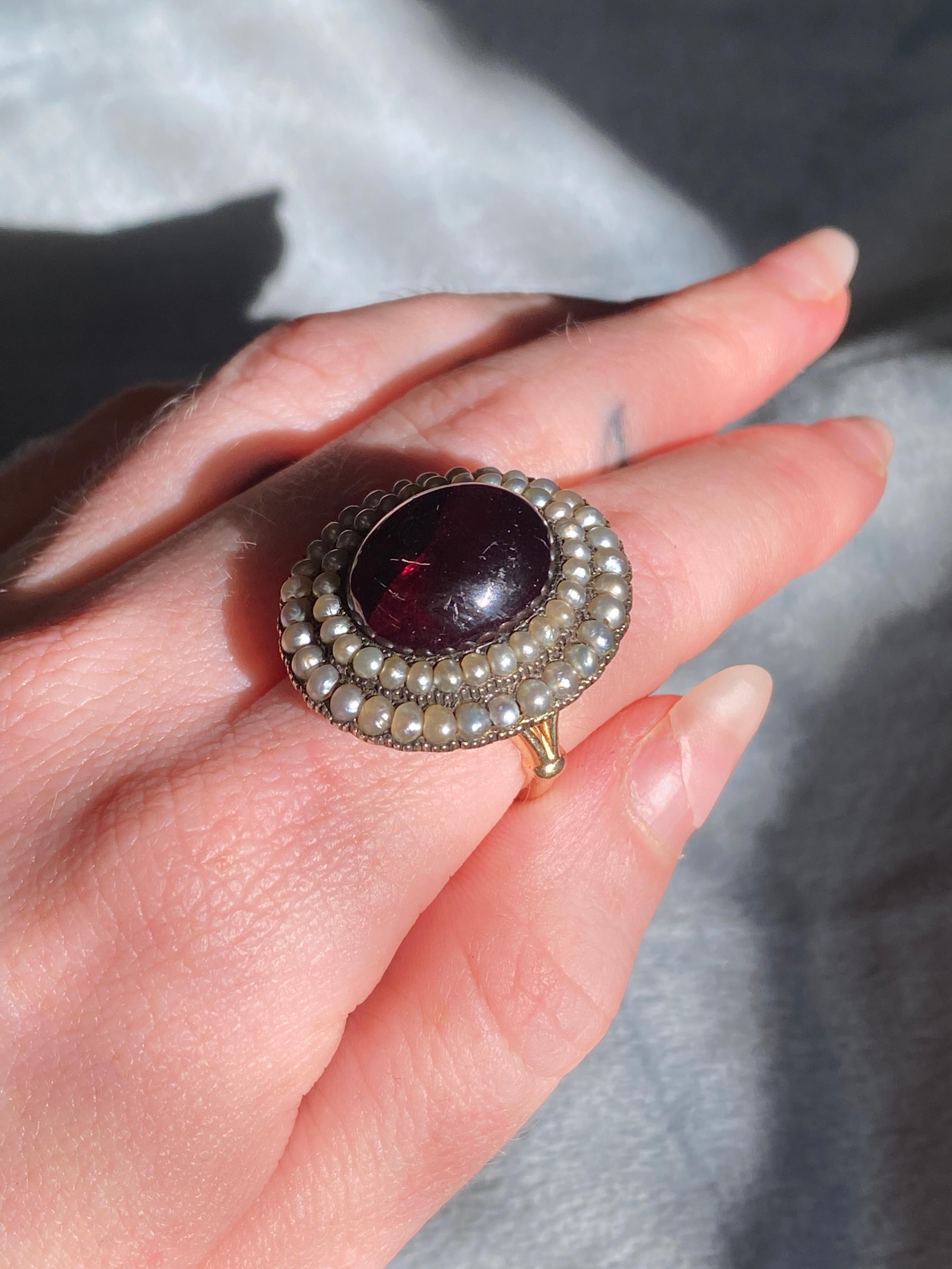 13.45ct Garnet Antique Victorian Ring with Seed Pearl Halo For Sale 2