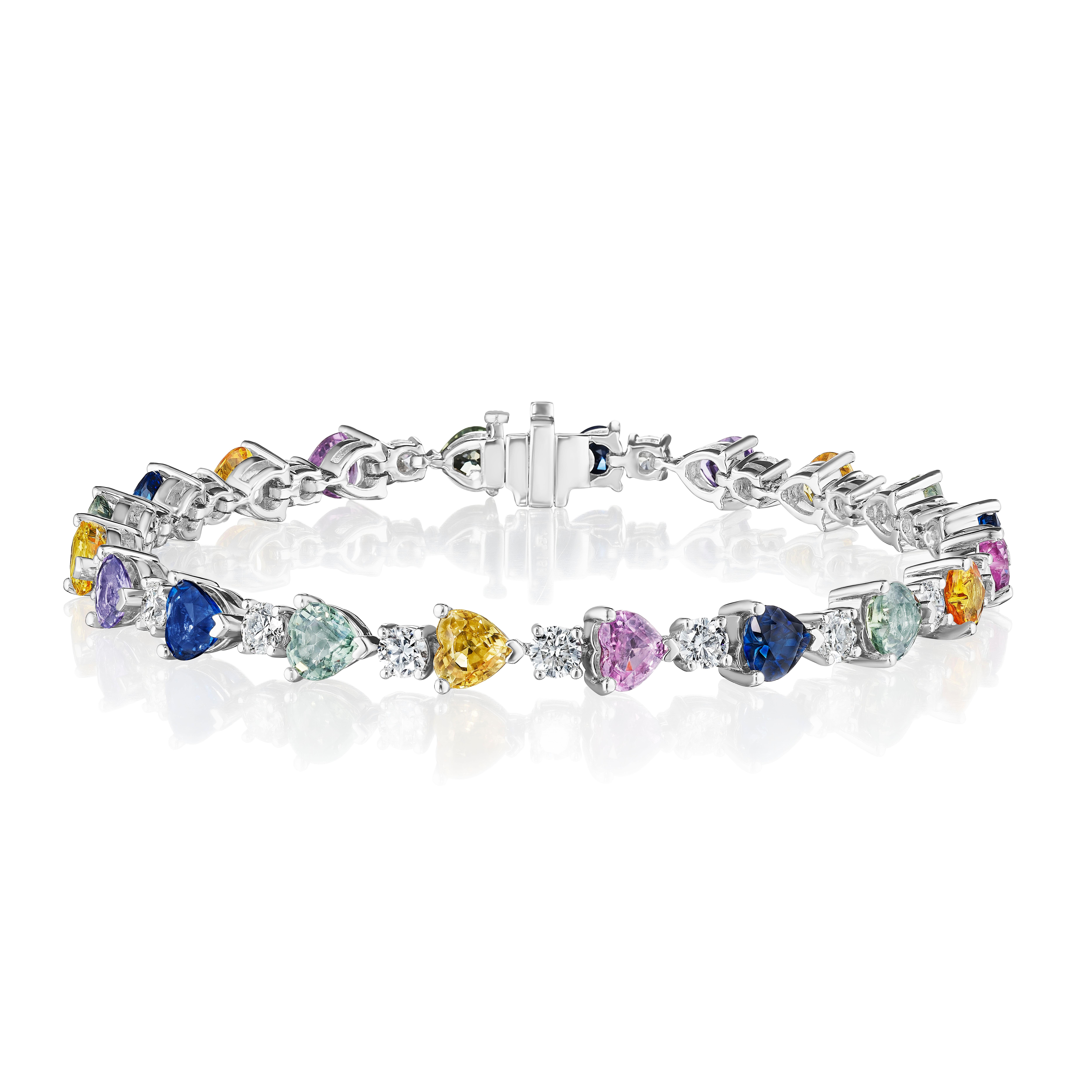 Modern 13.45ct Mixed Color Heart Shape Sapphire & Diamond Bracelet in 18KT Gold For Sale
