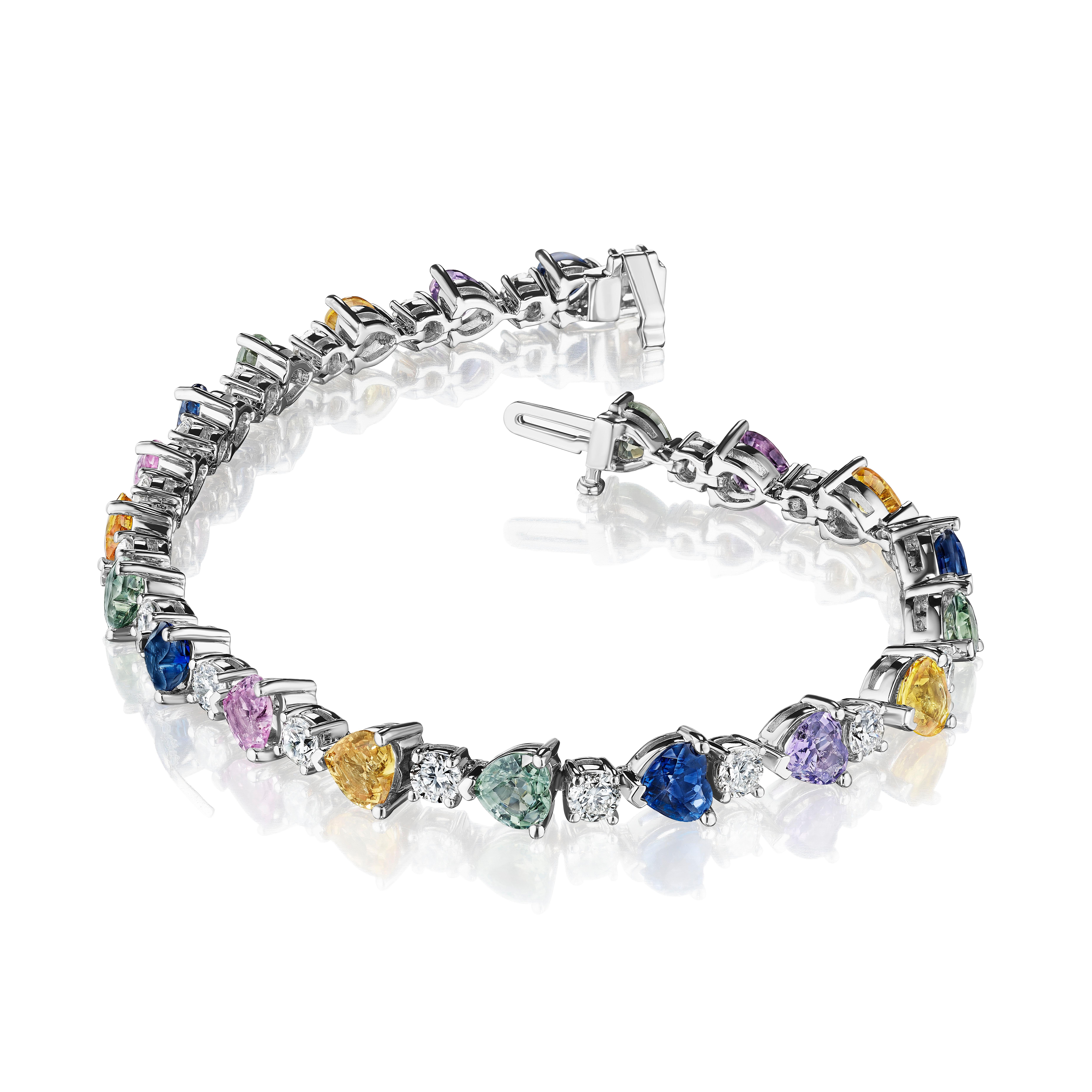 Heart Cut 13.45ct Mixed Color Heart Shape Sapphire & Diamond Bracelet in 18KT Gold For Sale