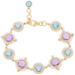 13.46 Carat Amethyst Blue Topaz Freshwater Pearl Diamond 18 Karat Gold Bracelet