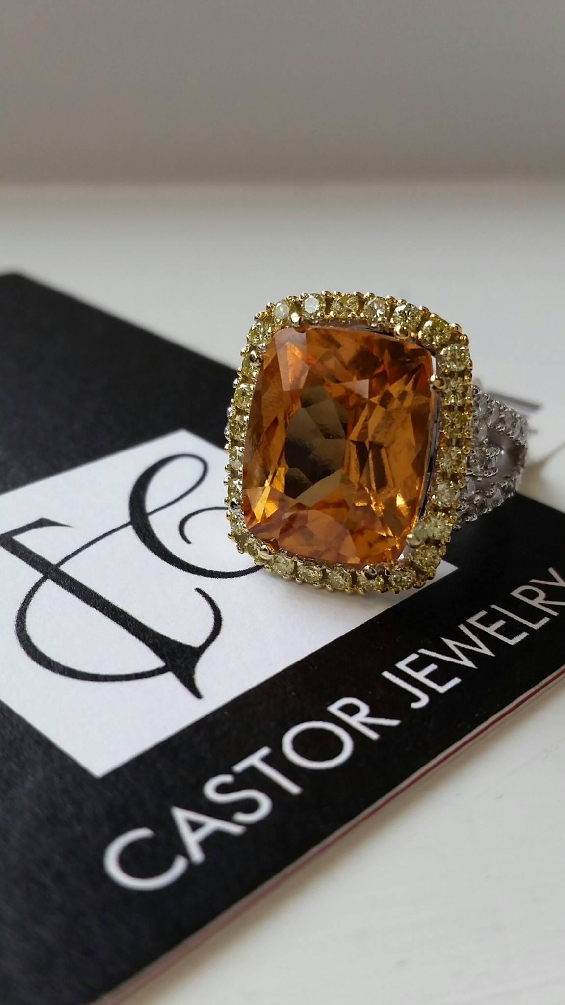 13.46 Carat Natural Grossular Garnet 1.75 Carat Canary and White Diamond Ring For Sale 8