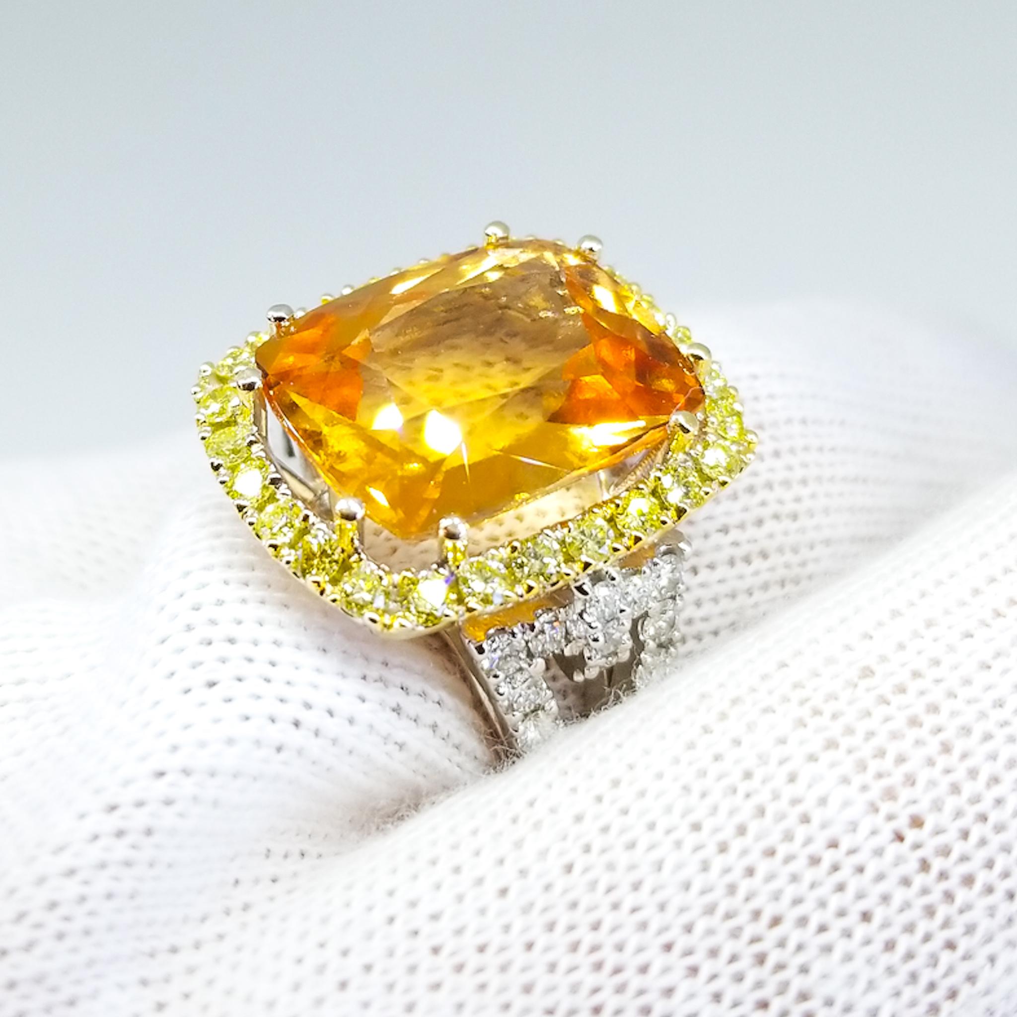 Artisan 13.46 Carat Natural Grossular Garnet 1.75 Carat Canary and White Diamond Ring For Sale