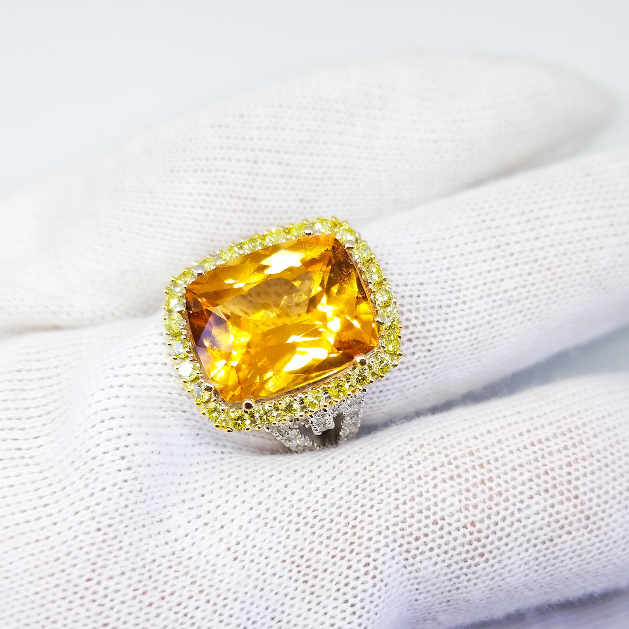 Antique Cushion Cut 13.46 Carat Natural Grossular Garnet 1.75 Carat Canary and White Diamond Ring For Sale