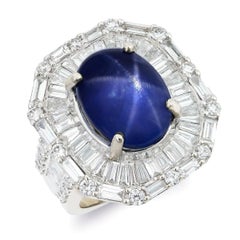 13.46 cts Natural Violetish Blue Star Sapphire & 2.71 cts Diamonds 18K WG Ring