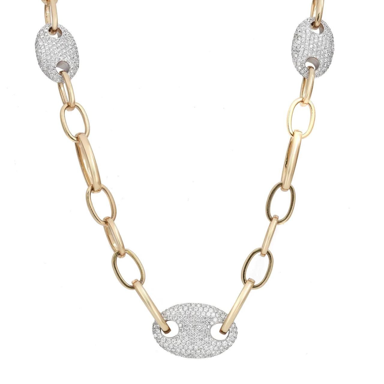 Modern 13.47 Carat Diamond Mariner Link Chain Necklace 18K Yellow Gold  For Sale