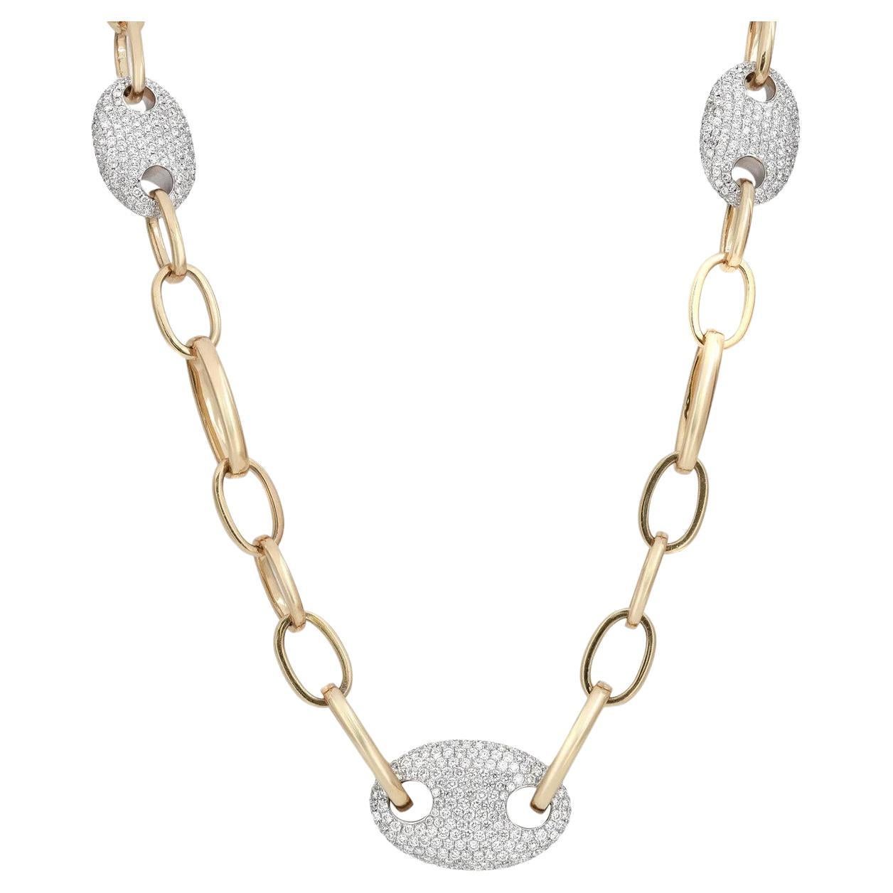 13.47 Carat Diamond Mariner Link Chain Necklace 18K Yellow Gold  For Sale