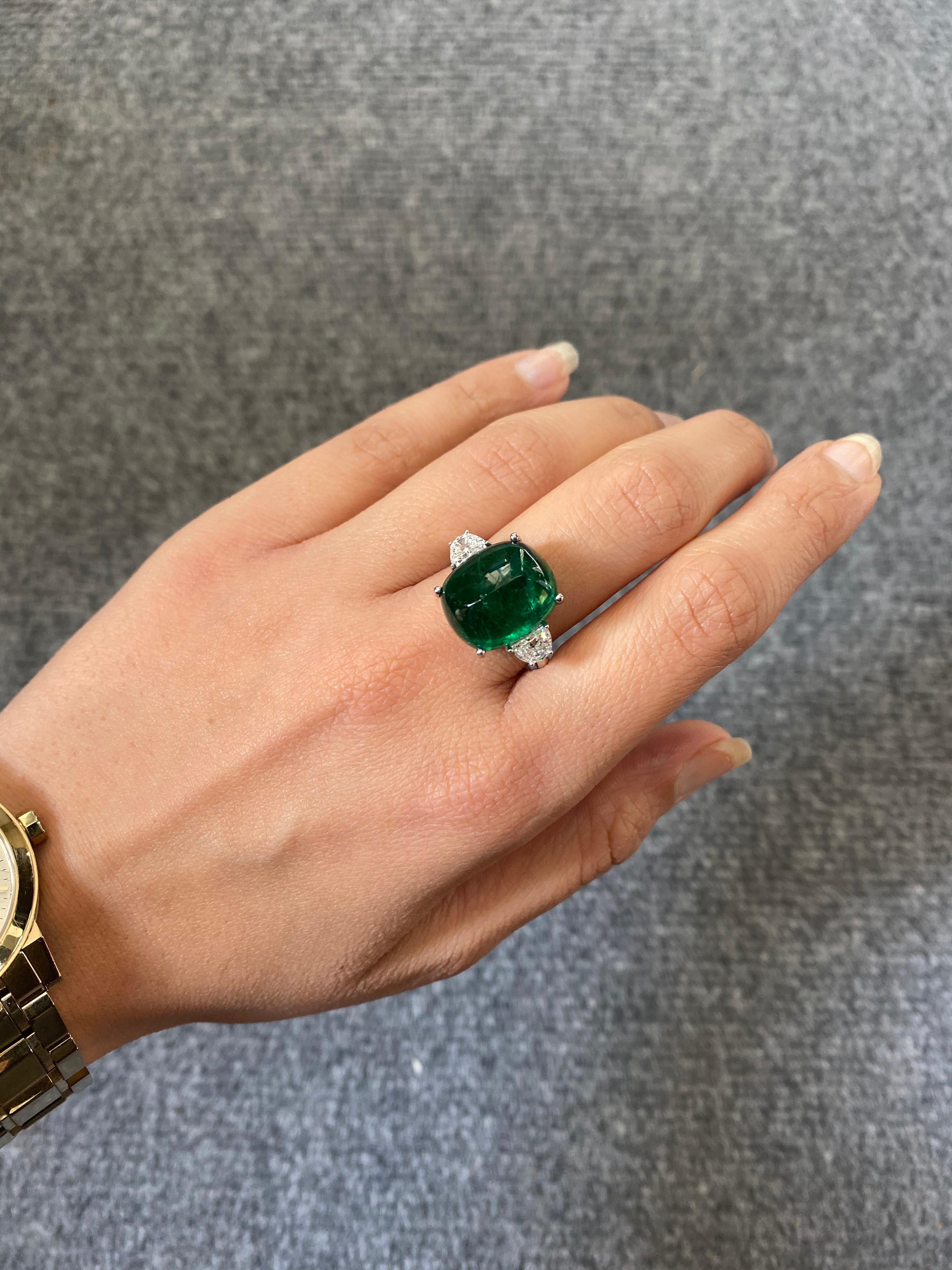 Modern Certified 13.47 Carat Sugarloaf Emerald and Diamond Three-Stone Engagement Ring