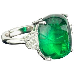 Certified 13.47 Carat Sugarloaf Emerald and Diamond Three-Stone Engagement Ring