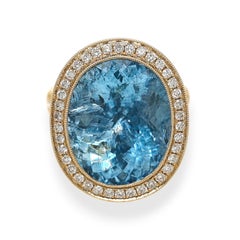 13.48 Carat Aquamarine Round Diamond Yellow Gold Ring