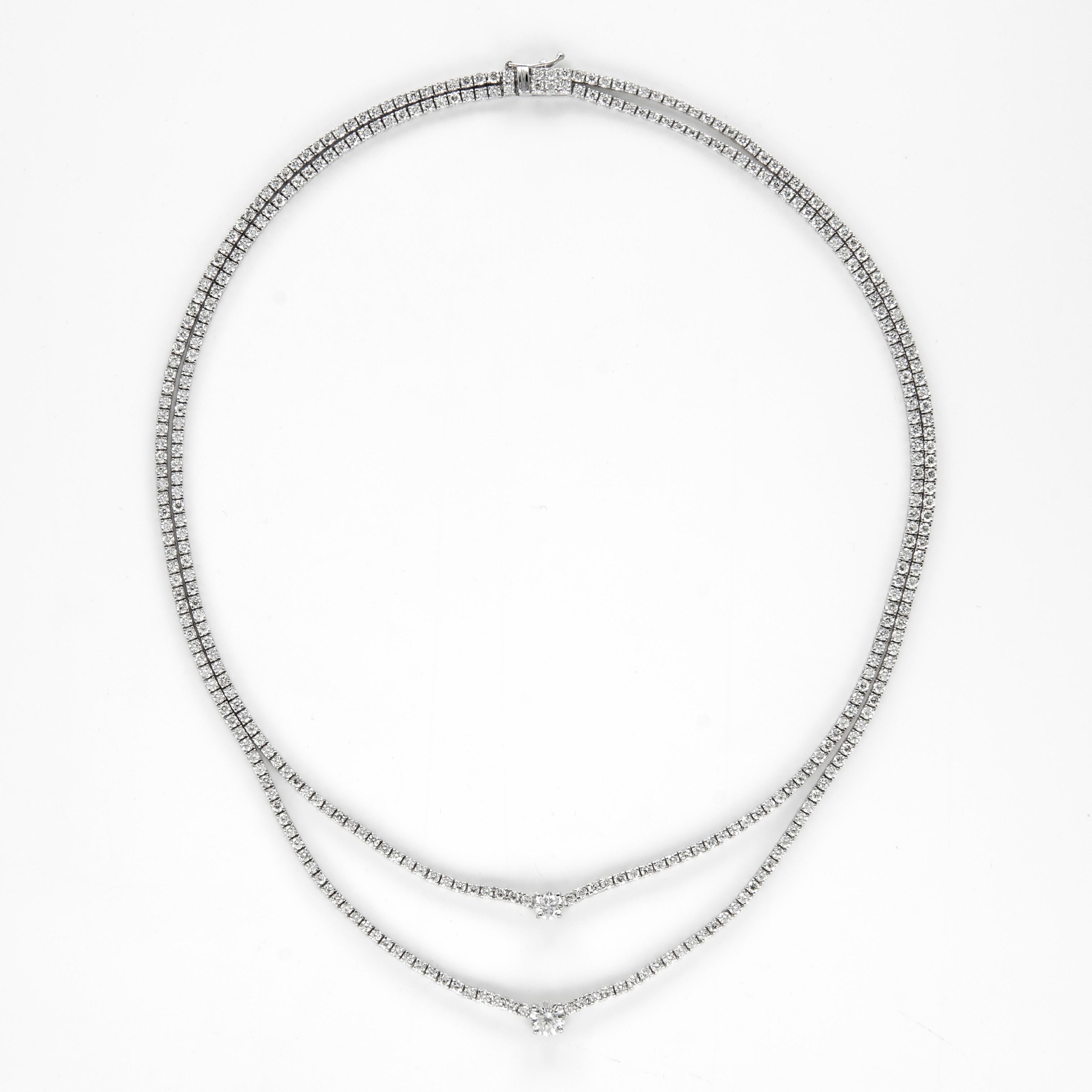 13,48 Karat Diamant 18 Karat Weißgold 2-reihige Tennis-Halskette mit Mittelsteinen (Rundschliff) im Angebot