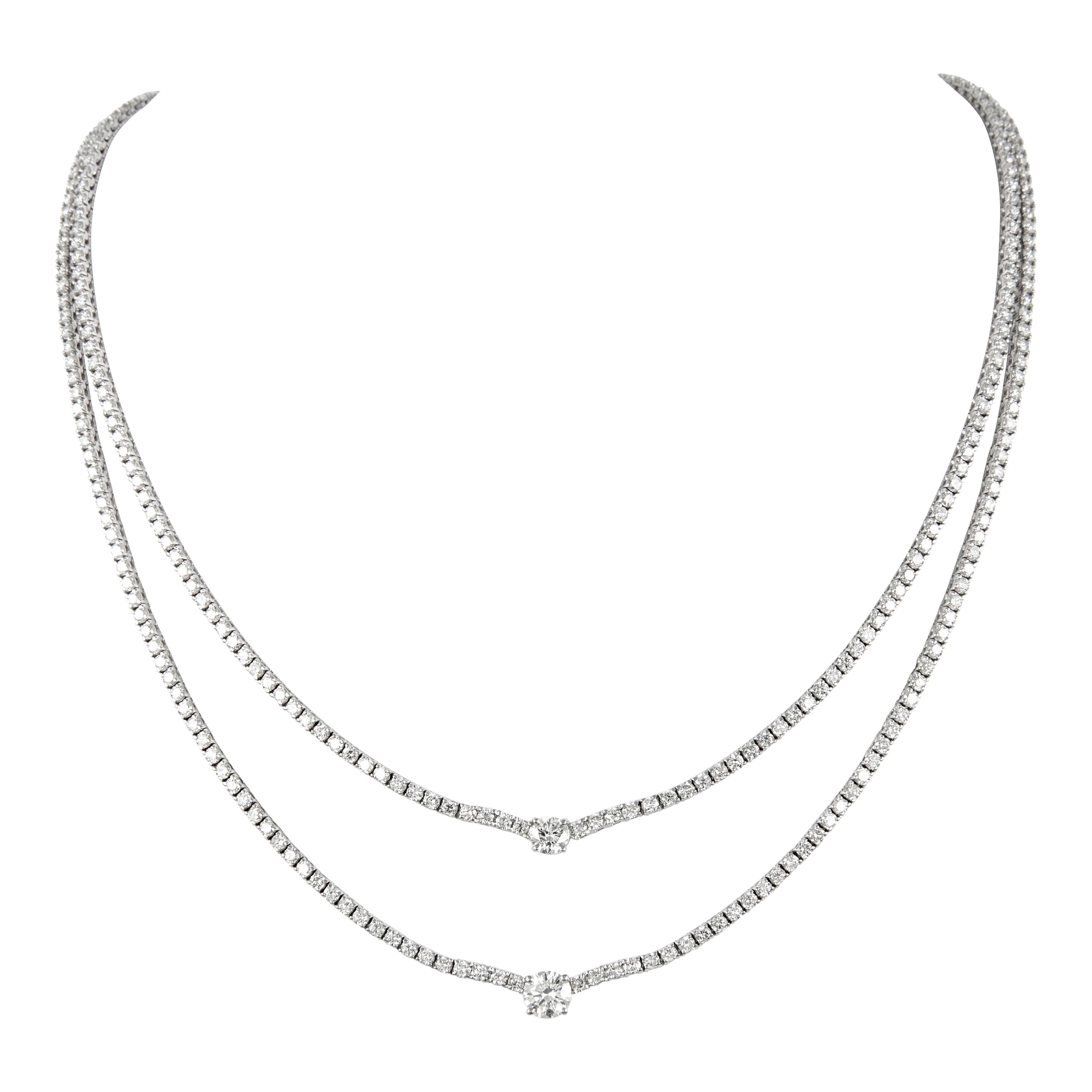 13.48 Carat Diamond 18 Karat White Gold 2-Row with Center Stones Tennis Necklace For Sale