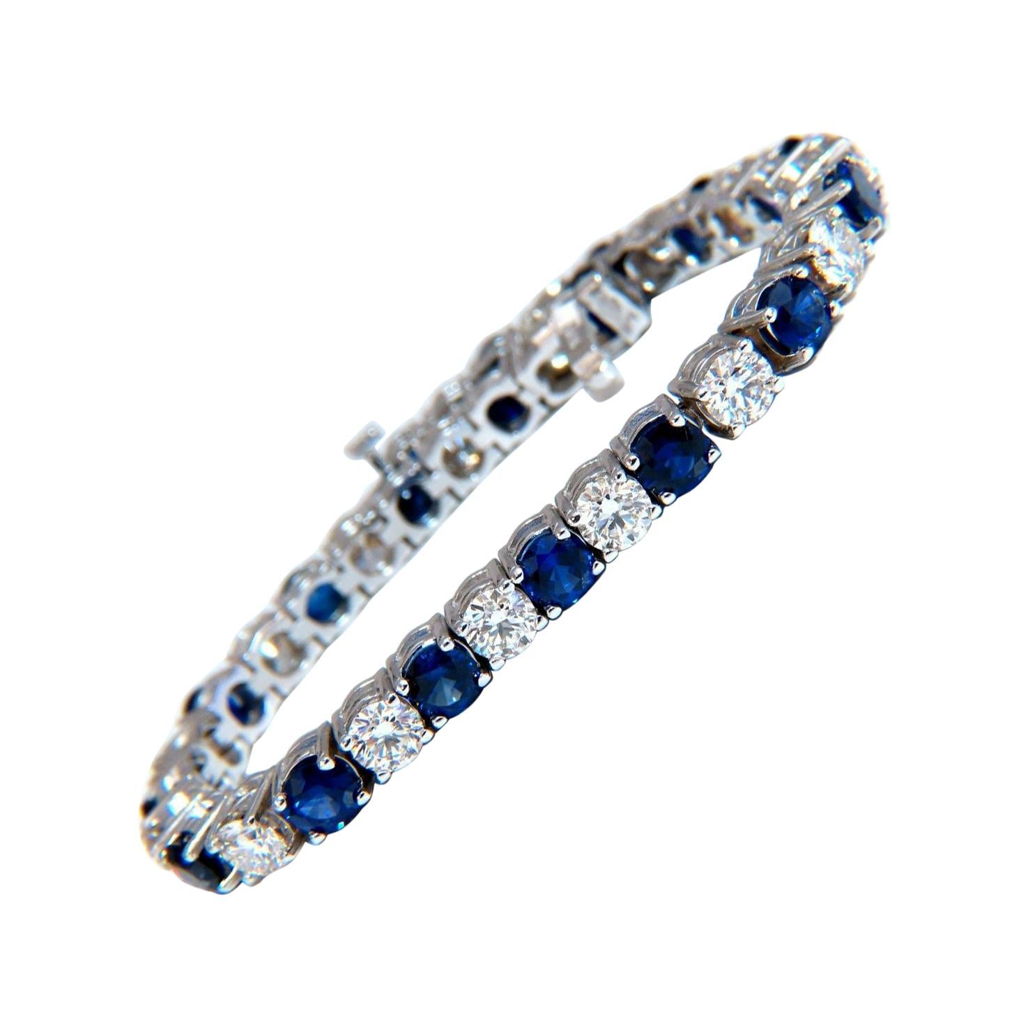 13.48 Carat Natural Vivid Royal Blue Round Sapphires Diamond Bracelet 14 Karat For Sale