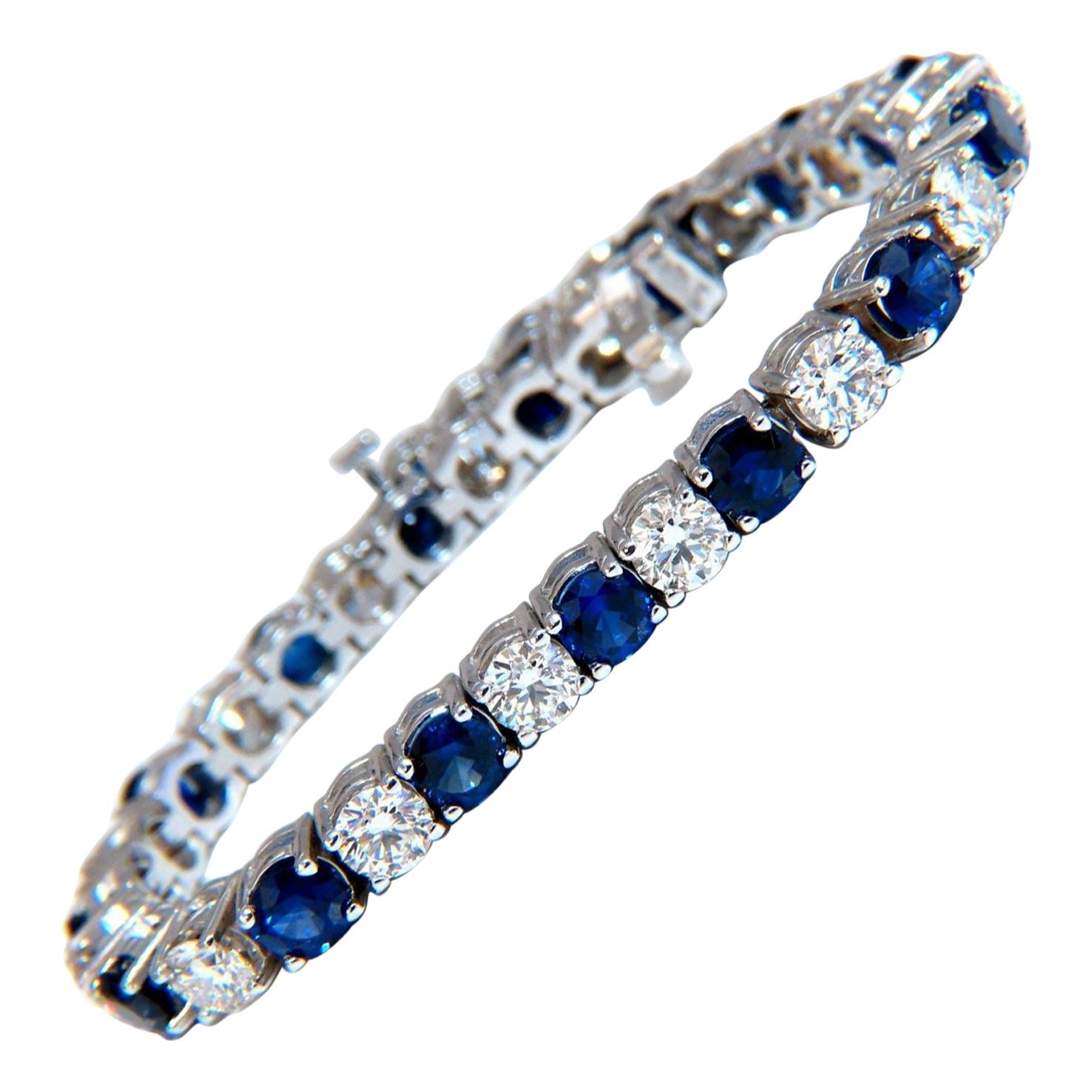 13.48 Carat Natural Vivid Royal Blue Round Sapphires Diamond Bracelet 14 Karat For Sale