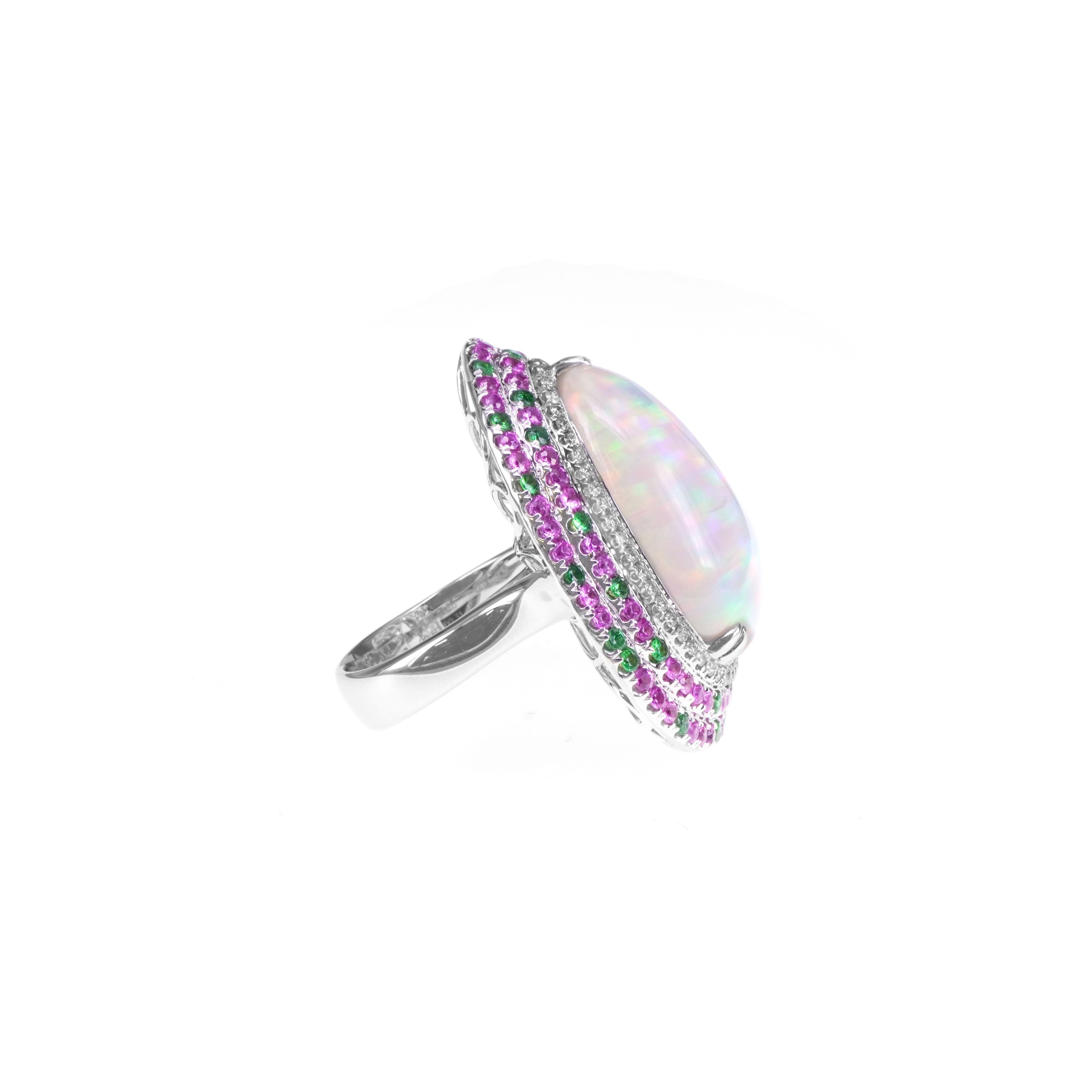 Art Nouveau 13.48 Carat Shooting Star Opal Sapphire Tsavorite Diamond Eye Popping Ring
