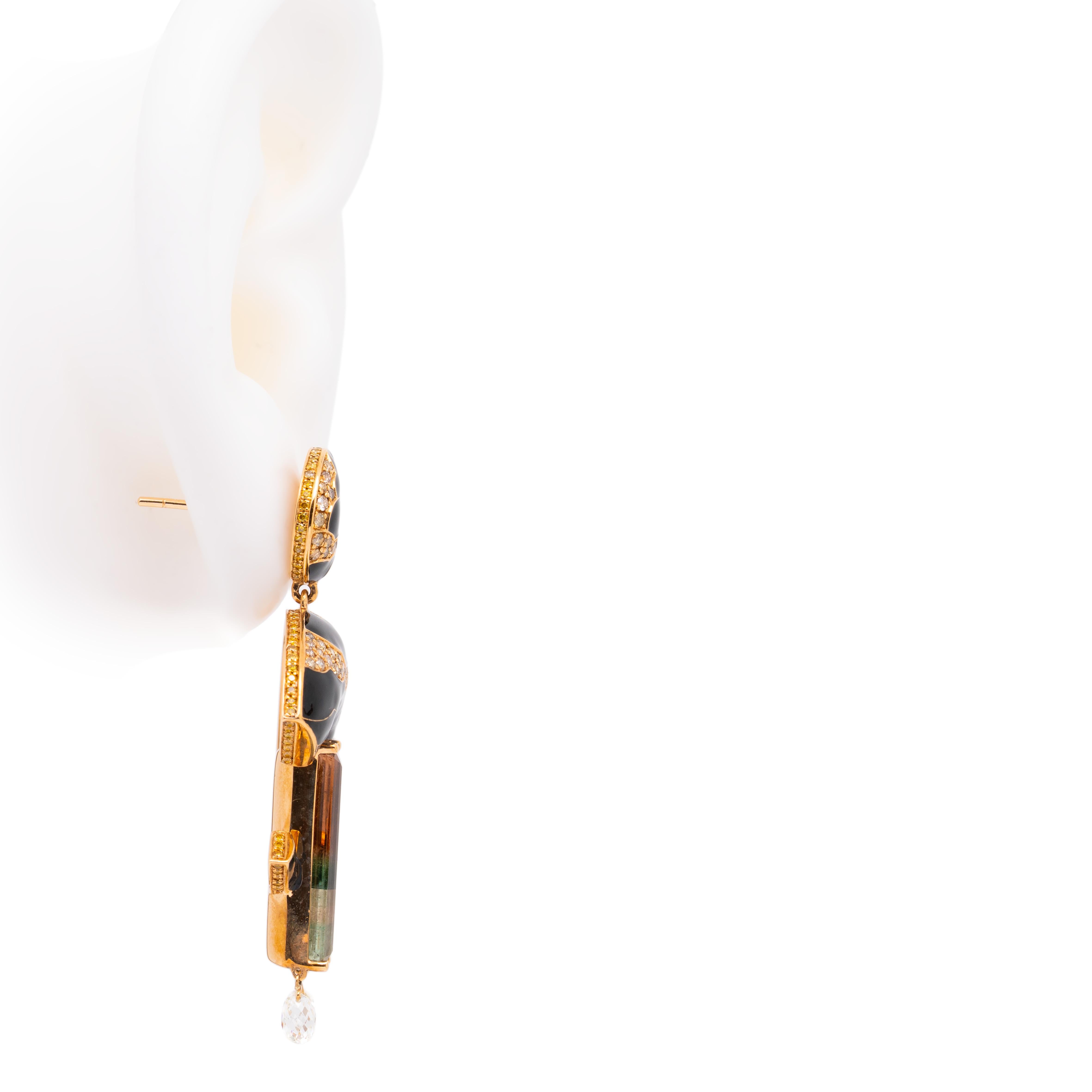 13,48 Karat dreifarbiger Turmalin & Diamant-Ohrringe, 18K Gelbgold, Austy Lee (Gemischter Schliff) im Angebot
