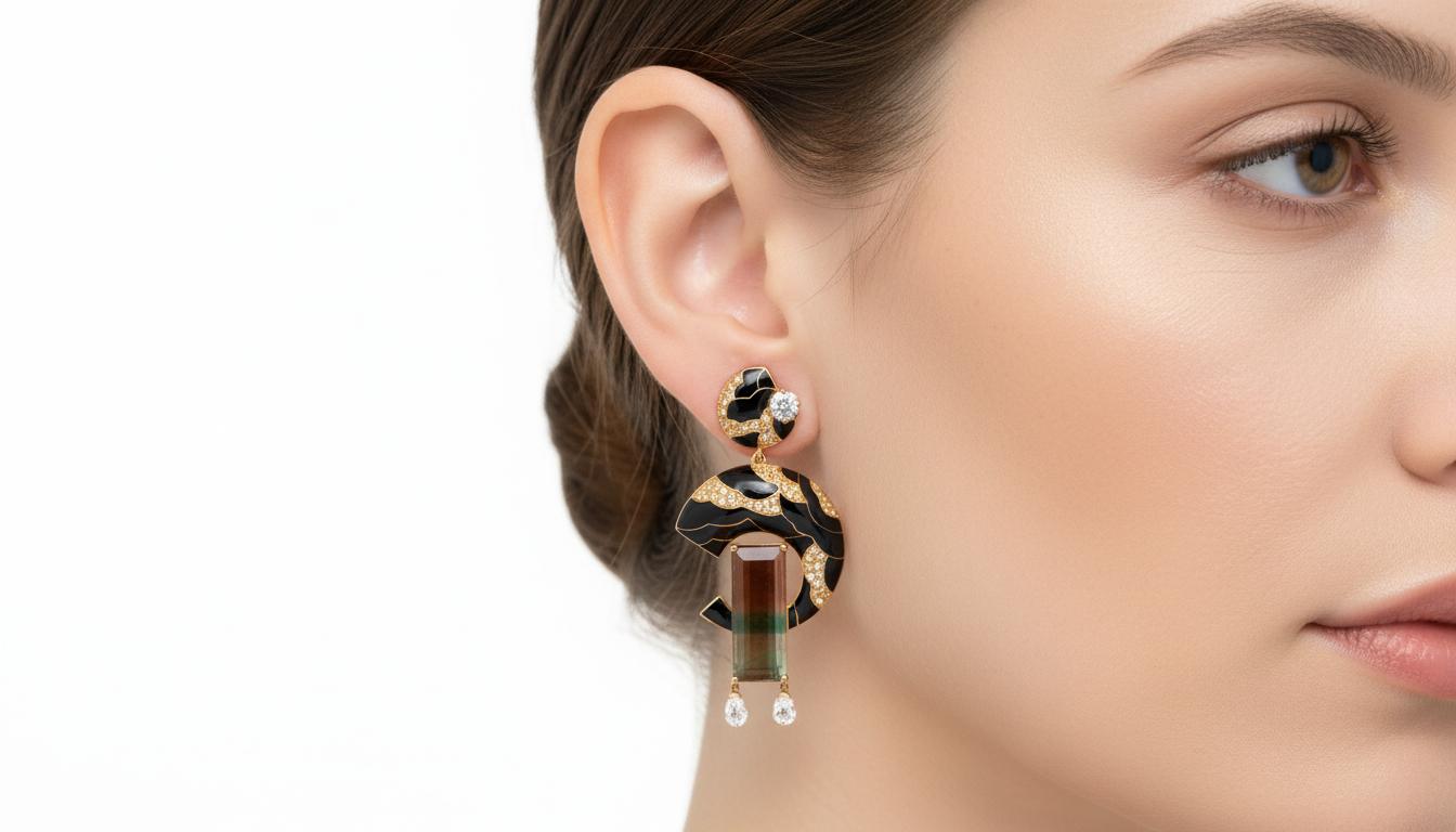 13,48 Karat dreifarbiger Turmalin & Diamant-Ohrringe, 18K Gelbgold, Austy Lee im Angebot 1