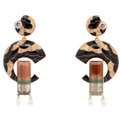 13.48 Carat Tri-Color Tourmaline & Diamond Earrings, 18K Yellow Gold, Austy Lee