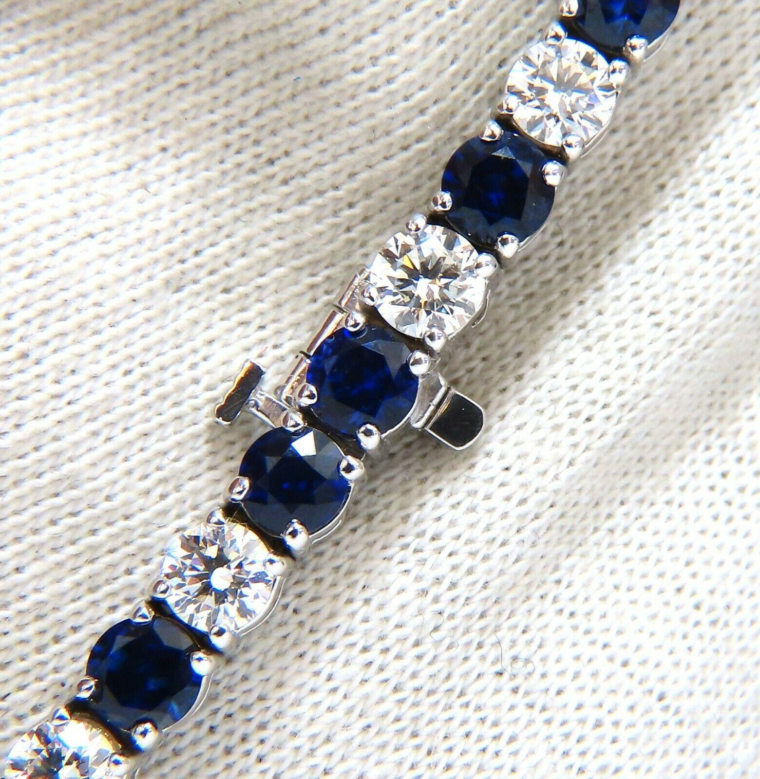 Calibrated Royal Blues Alternated Tennis Bracelet.

7.84ct. Natural Blue Sapphires

 & 5.64ct Diamonds bracelet.

Full Round cuts, great sparkle.

Average Each: 4.4mm diameter

Clean Clarity & Transparent.

Vivid Blues and Prime Saturation.

Natural